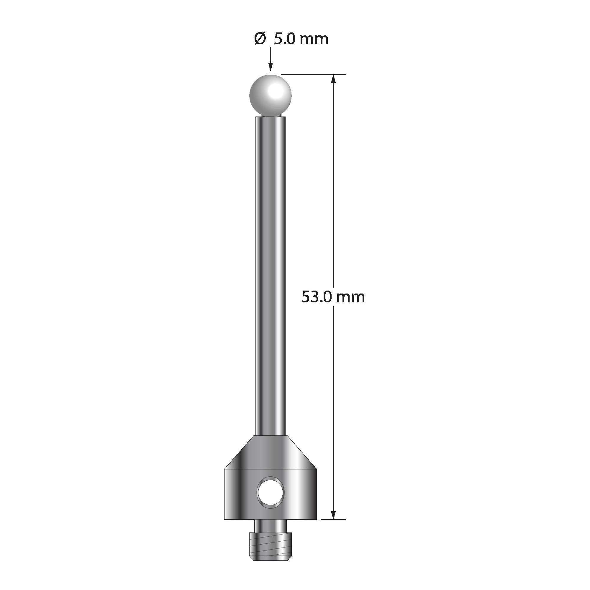ATG-5053-Z M5 stylus with 5.0mm zirconia ball, carbide stem, and stainless steel base, 53.0mm long by Q-Mark Manufacturing, Inc.