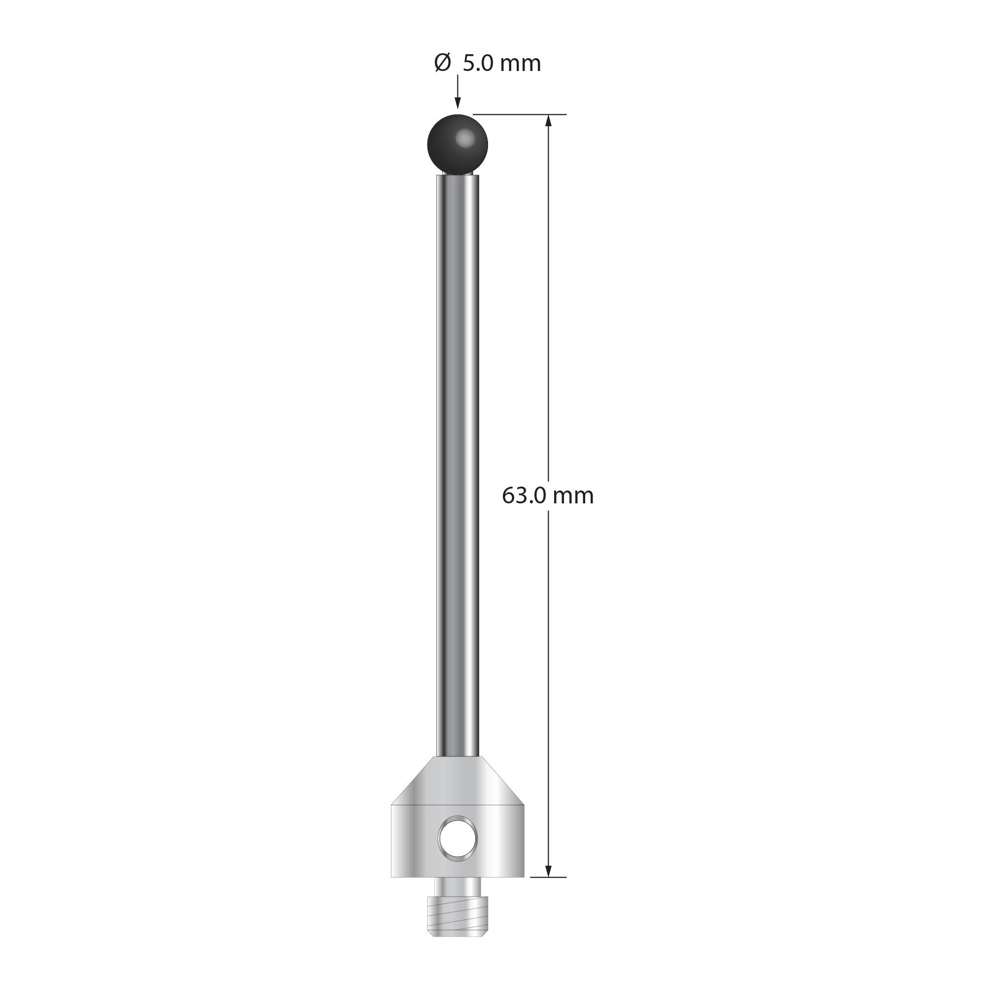 M5 stylus with 5.0 mm diameter silicon nitride ball, 3.5 mm diameter carbide stem, and 11.0 mm diameter x 10.0 mm long stainless steel base. Overall stylus length is 63.0 mm. Stylus weight is 12.70 grams. Compare to Zeiss 626105-0515-063.