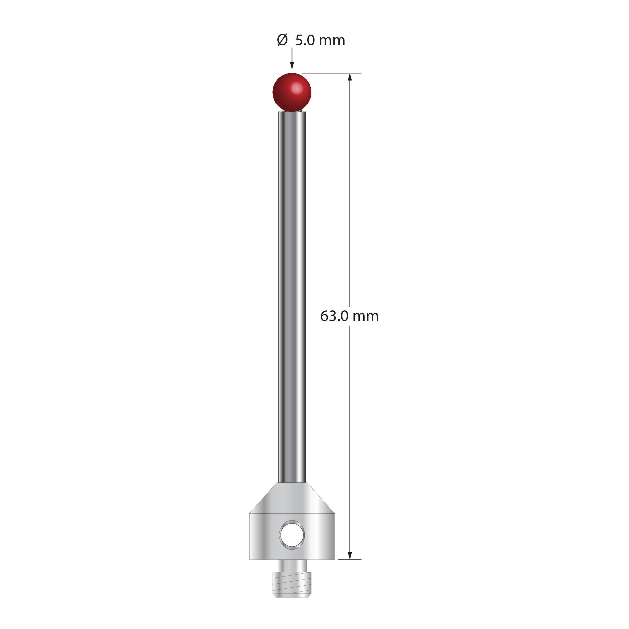 M5 stylus with 5.0 mm diameter ruby ball, 3.5 mm diameter carbide stem, and 11.0 mm diameter x 10.0 mm long stainless steel base. Overall stylus length is 63.0 mm. Stylus weight is 12.70 grams. Compare to Zeiss 626105-0514-063.
