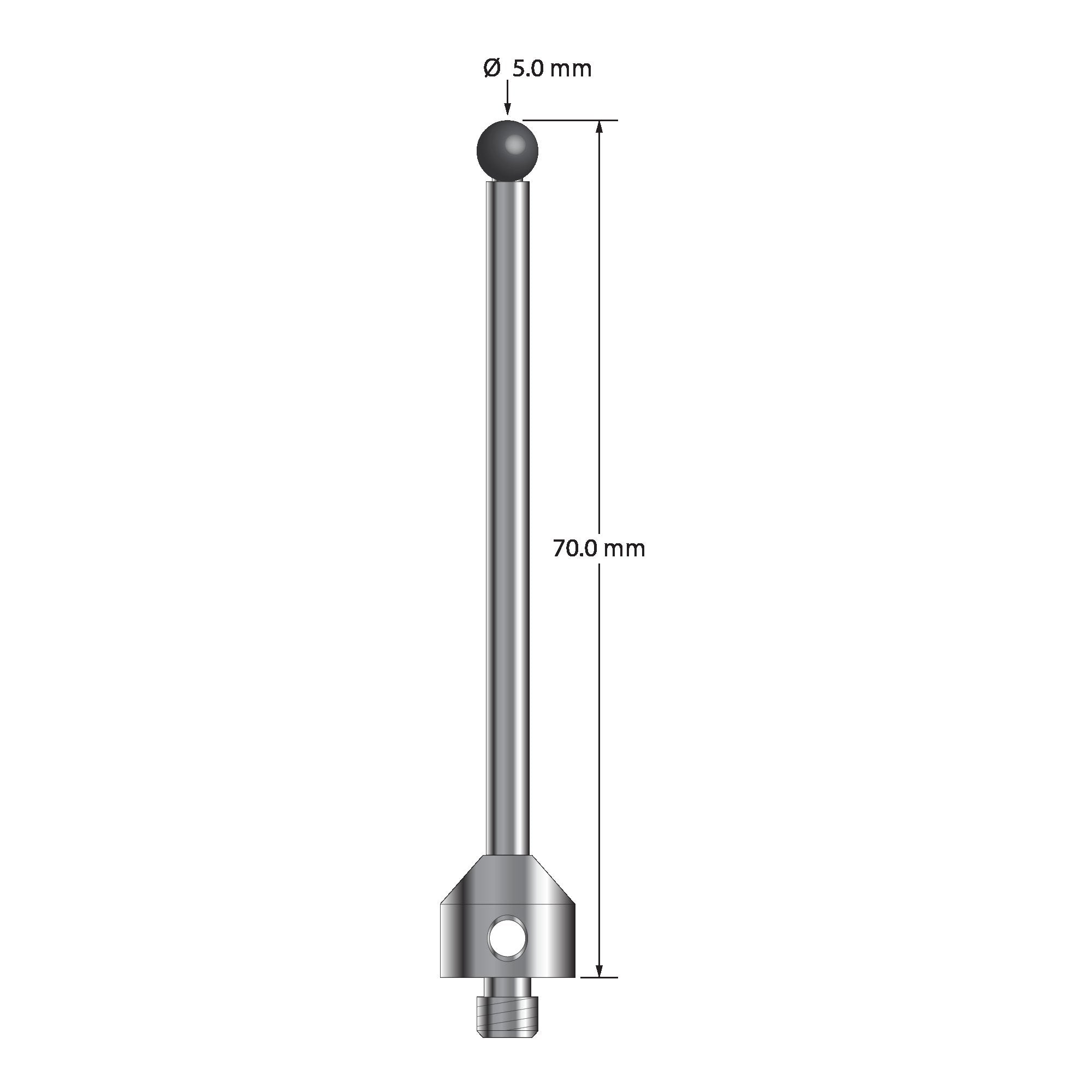 ATG-5070-SN M5 stylus with 5.0mm silicon nitride ball, carbide stem, and stainless steel base, 70.0mm long by Q-Mark Manufacturing, Inc.