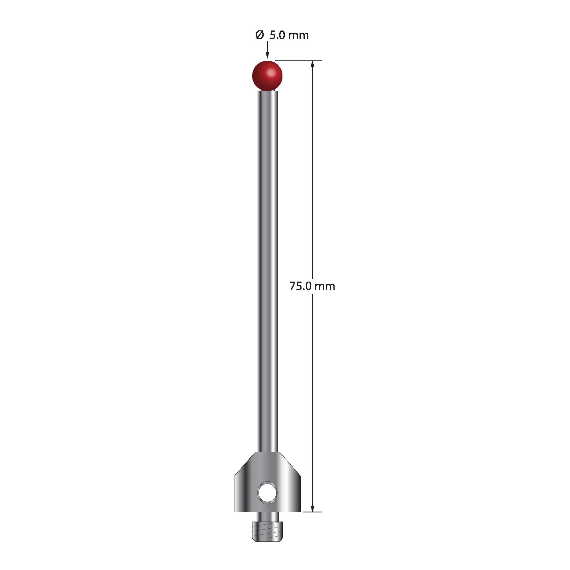 ATG-5075 M5 stylus with 5.0mm ruby ball, carbide stem, stainless steel base, 75.0mm long by Q-Mark Manufacturing, Inc.