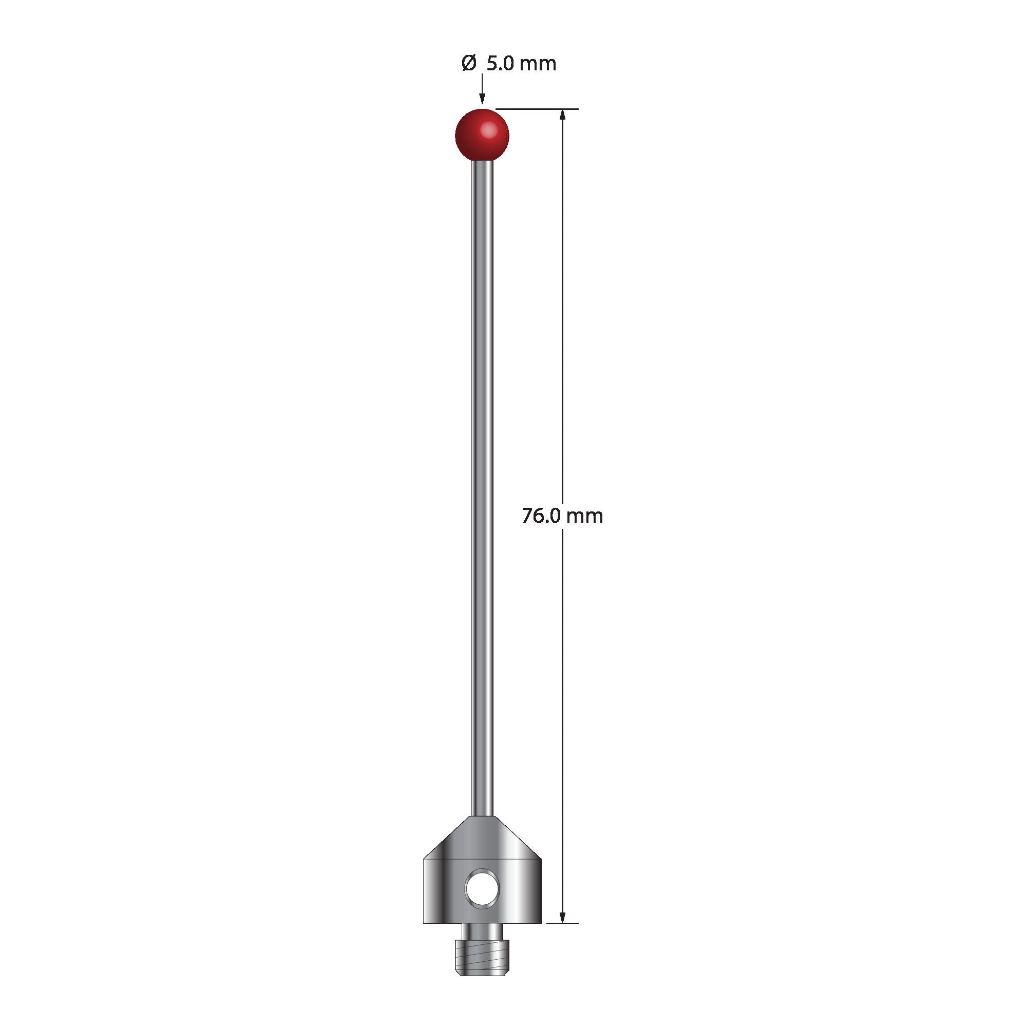 M5 stylus with 5.0 mm diameter ruby ball, 2.0 mm diameter carbide stem, and 11.0 mm diameter x 10.0 mm long stainless steel base. Overall stylus length is 76.0 mm. Stylus weight is 8.80 grams. Compare to Zeiss 626105-0504-076.