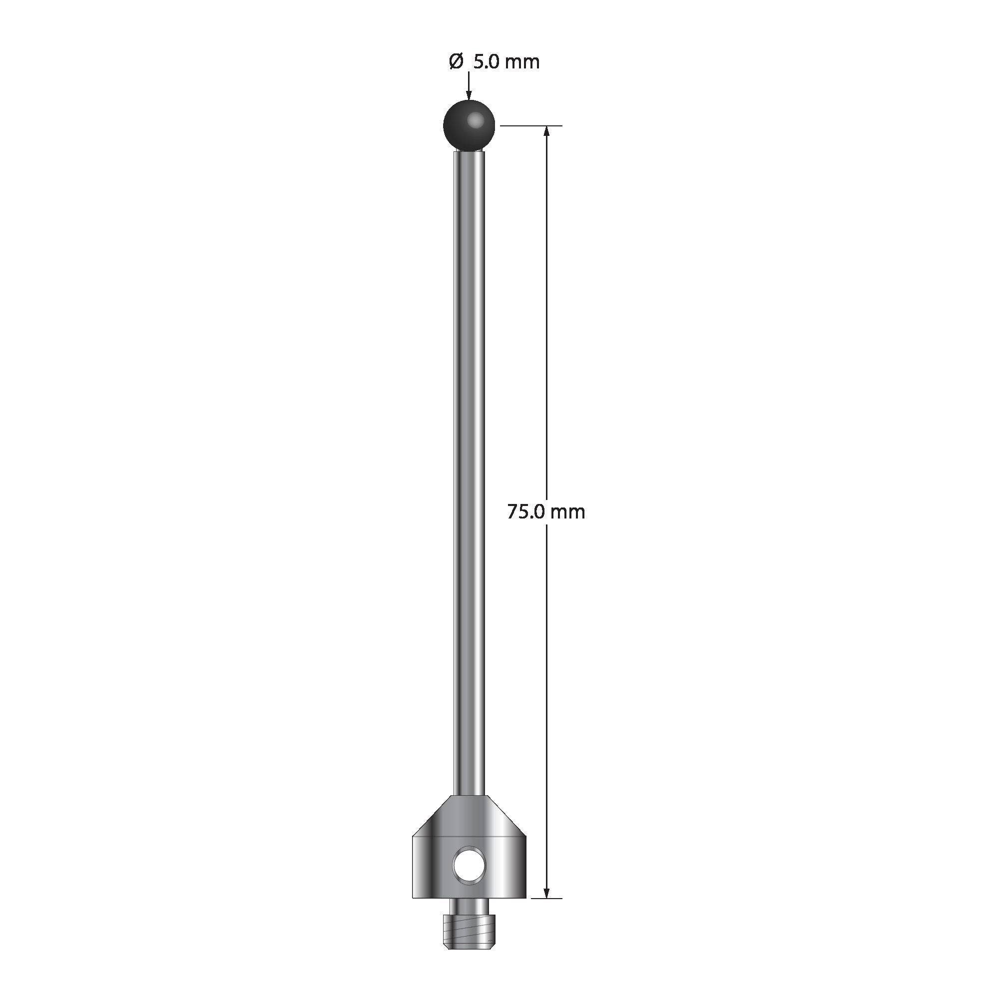 ATG-5077.5-DS3-SN stylus with 5.0mm silicon nitride ball, carbide stem, and stainless steel base, 75.0mm long.