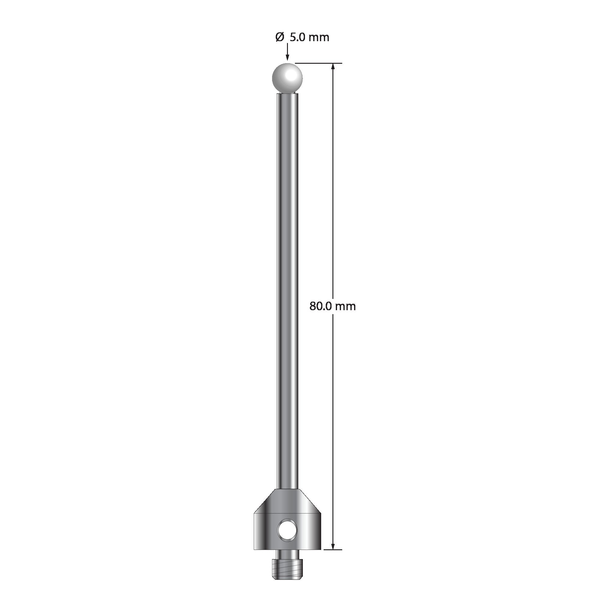 ATG-5080-Z M5 stylus with 5.0mm zirconia ball, carbide stem, and stainless steel base, 80.0mm long by Q-Mark Manufacturing, Inc.