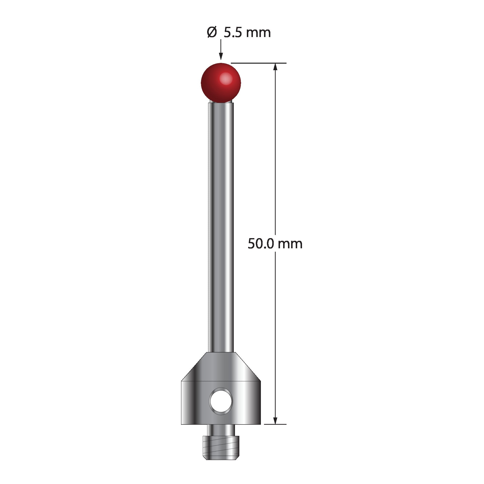 ATG-5550 M5 stylus with 5.5mm ruby ball, carbide stem, and stainless steel base, 33mm long.