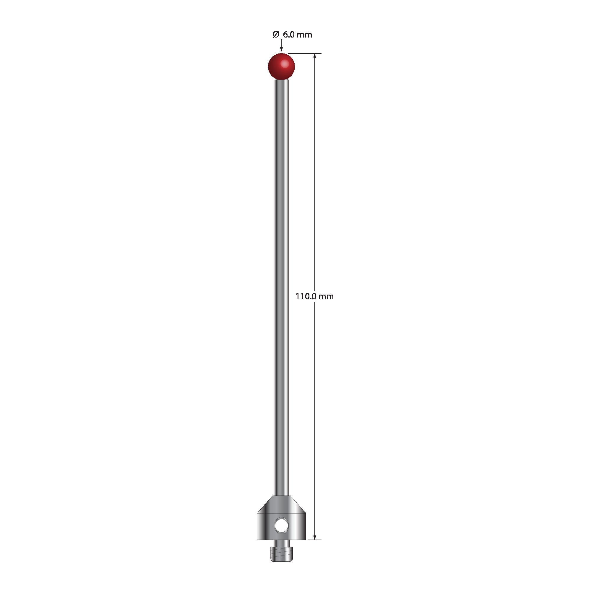 ATG-60110 M5 6.0mm ruby ball stylus with carbide stem, stainless steel base, 110.0mm long by Q-Mark Manufacturing, Inc.