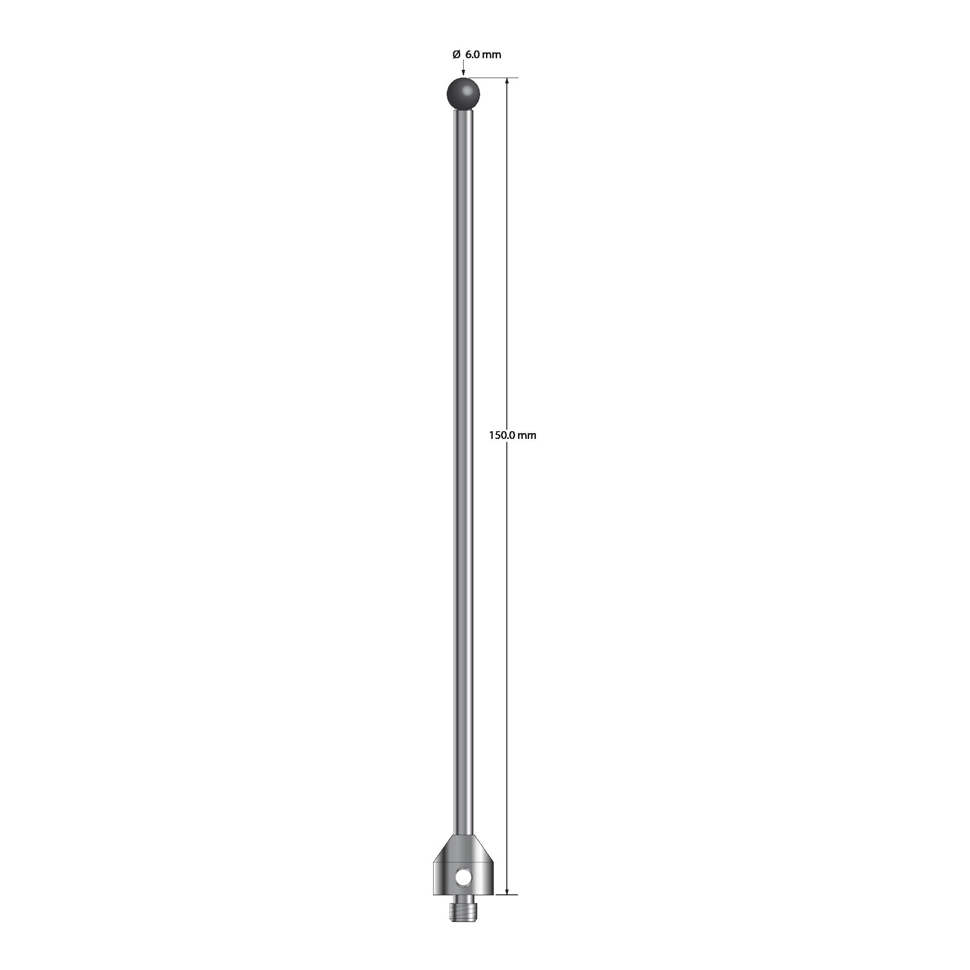 ATG-60150-10-SN M5 stylus with 6.0mm silicon nitride ball, carbide stem, and stainless steel base, 150mm long.