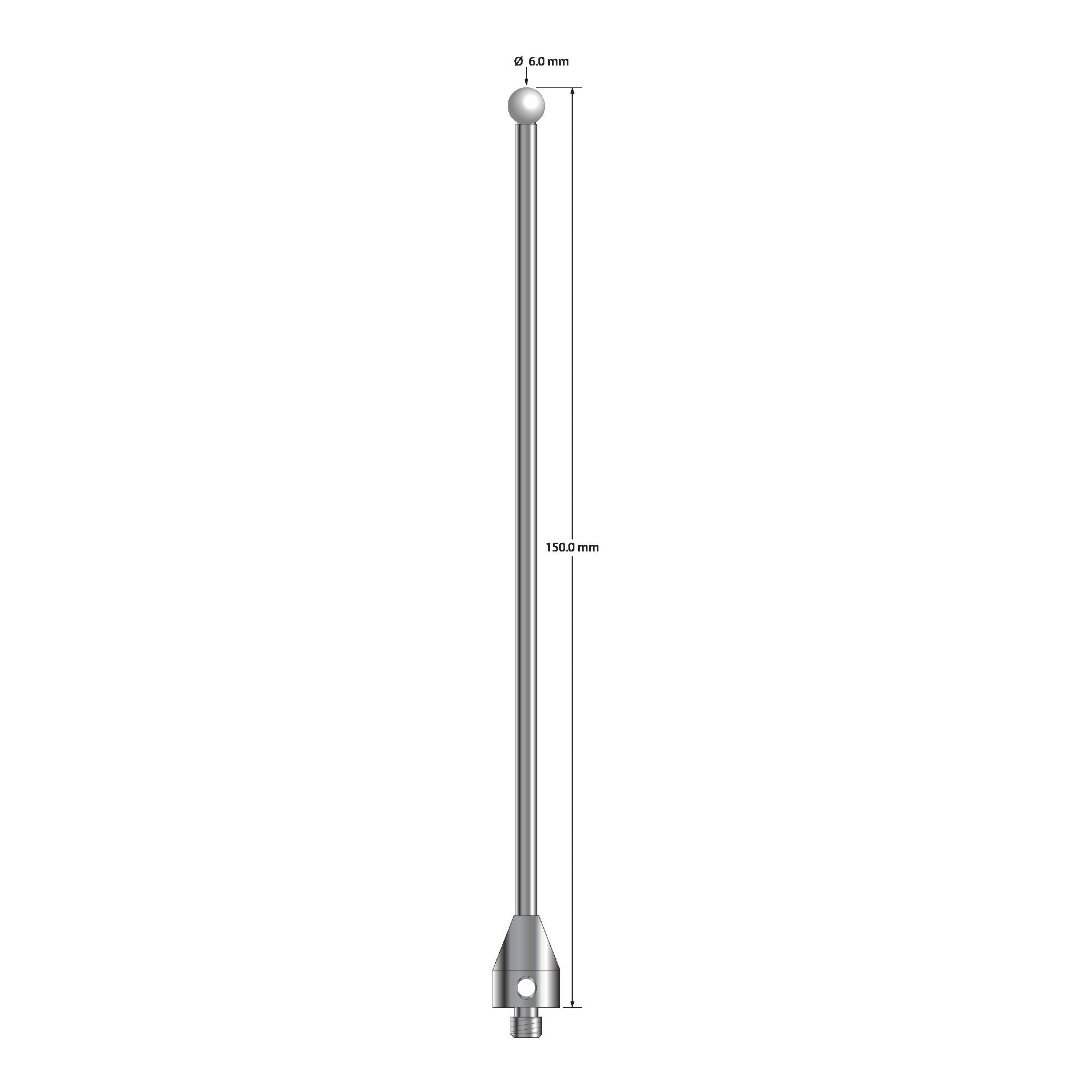 ATG-60150-Z M5 stylus with 6.0mm zirconia ball, carbide stem, and stainless steel base, 150mm long by Q-Mark Manufacturing, Inc.