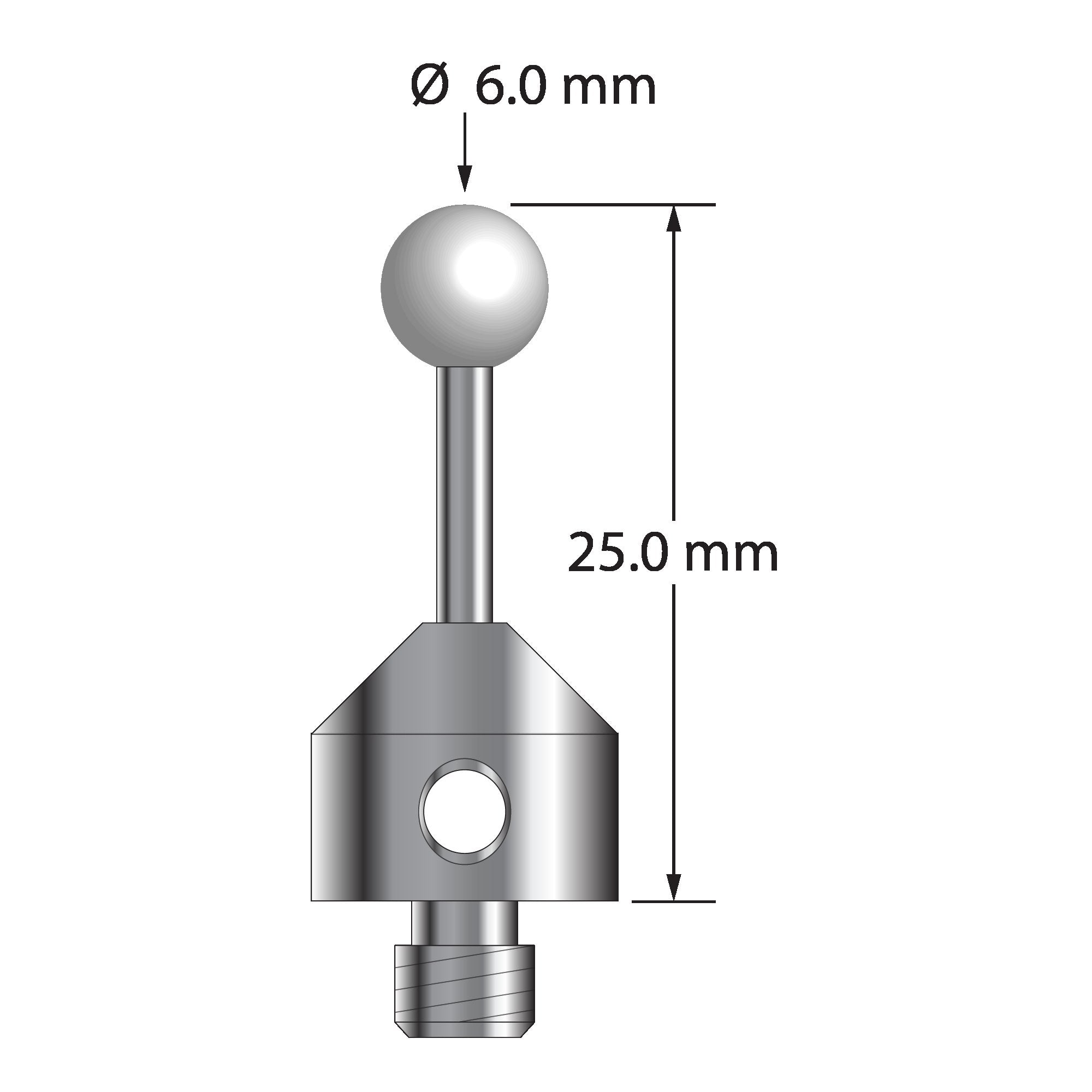 ATG-6025-Z M5 stylus with 6.0mm zirconia ball, carbide stem, and stainless steel base, 25.0mm long by Q-Mark Manufacturing, Inc.