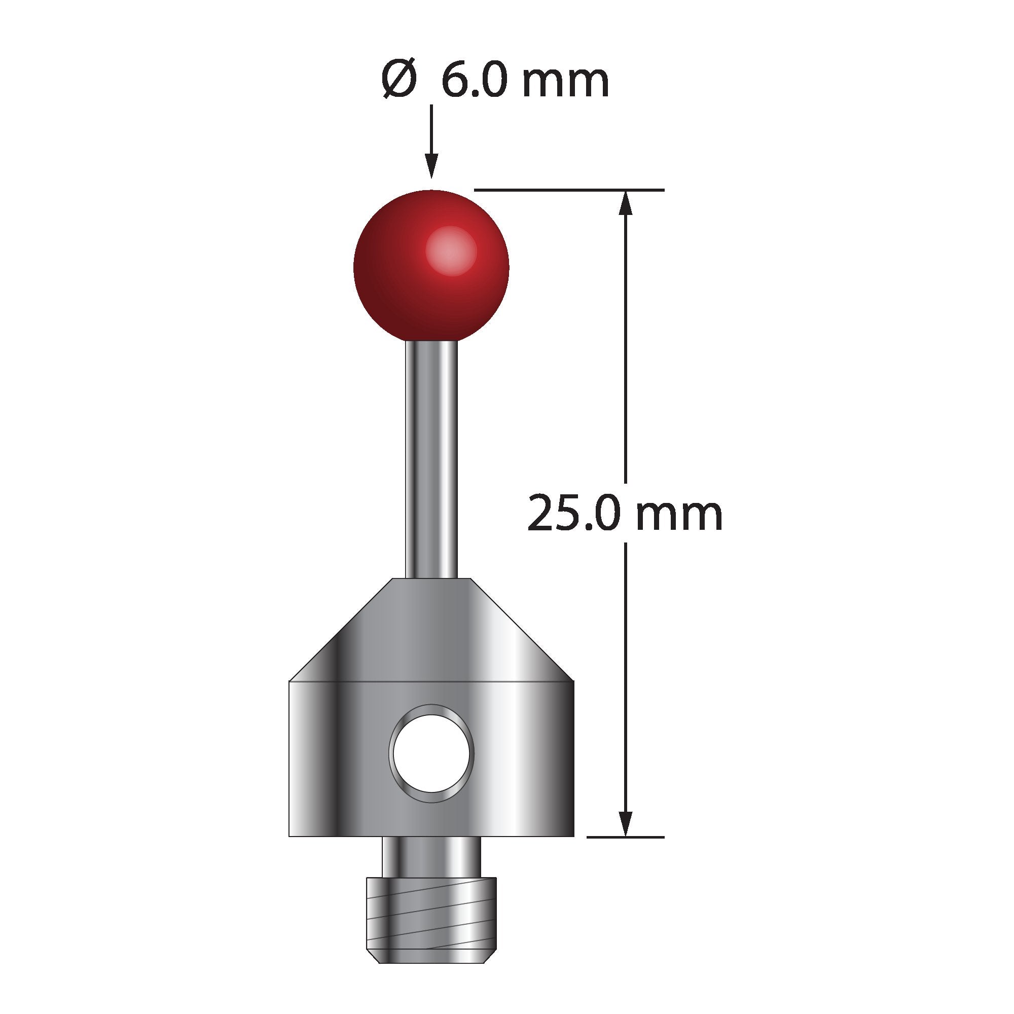 ATG-6025 M5 6.0mm ruby ball stylus with carbide stem and stainless steel base, 25.0mm long by Q-Mark Manufacturing, Inc.