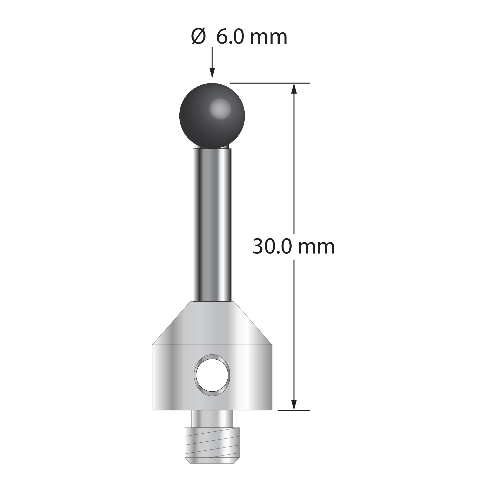 M5 stylus with 6.0 mm diameter silicon nitride ball, 3.5 mm diameter carbide stem, and 11.0 mm diameter x 10.0 mm long stainless steel base. Overall stylus length is 30.0 mm. Stylus weight is 9.27 grams. Compare to Zeiss 626115-0601-030.