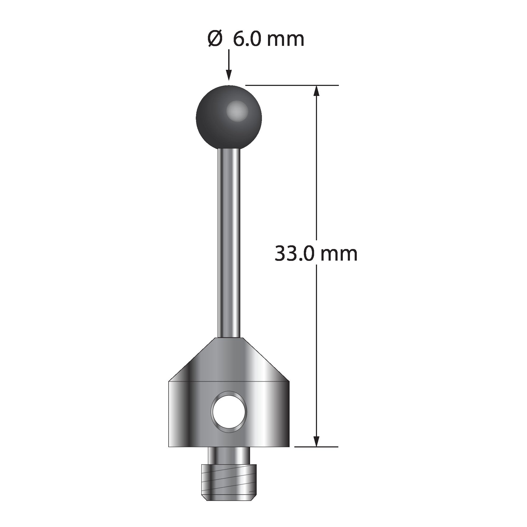 ATG-6033-DS2-SN M5 stylus with 6.0mm silicon nitride ball, carbide stem, and stainless steel base, 33.0mm long by Q-Mark Manufacturing, Inc.