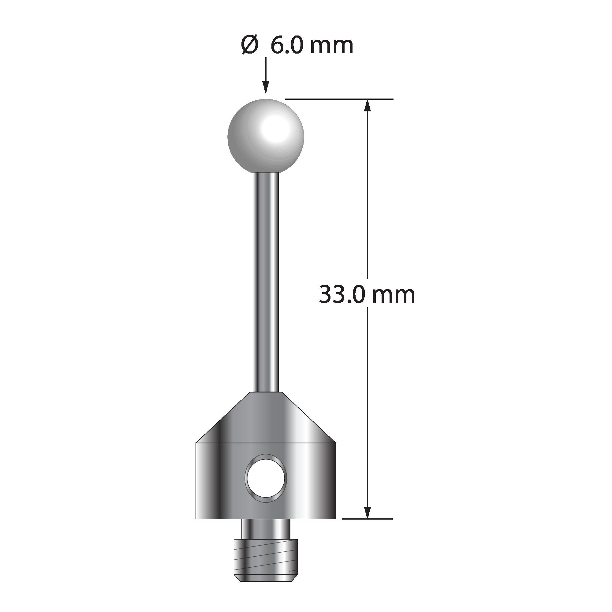 ATG-6033-DS2-Z M5 stylus with 6.0mm zirconia ball, carbide stem, and stainless steel base, 33.0mm long by Q-Mark Manufacturing, Inc.