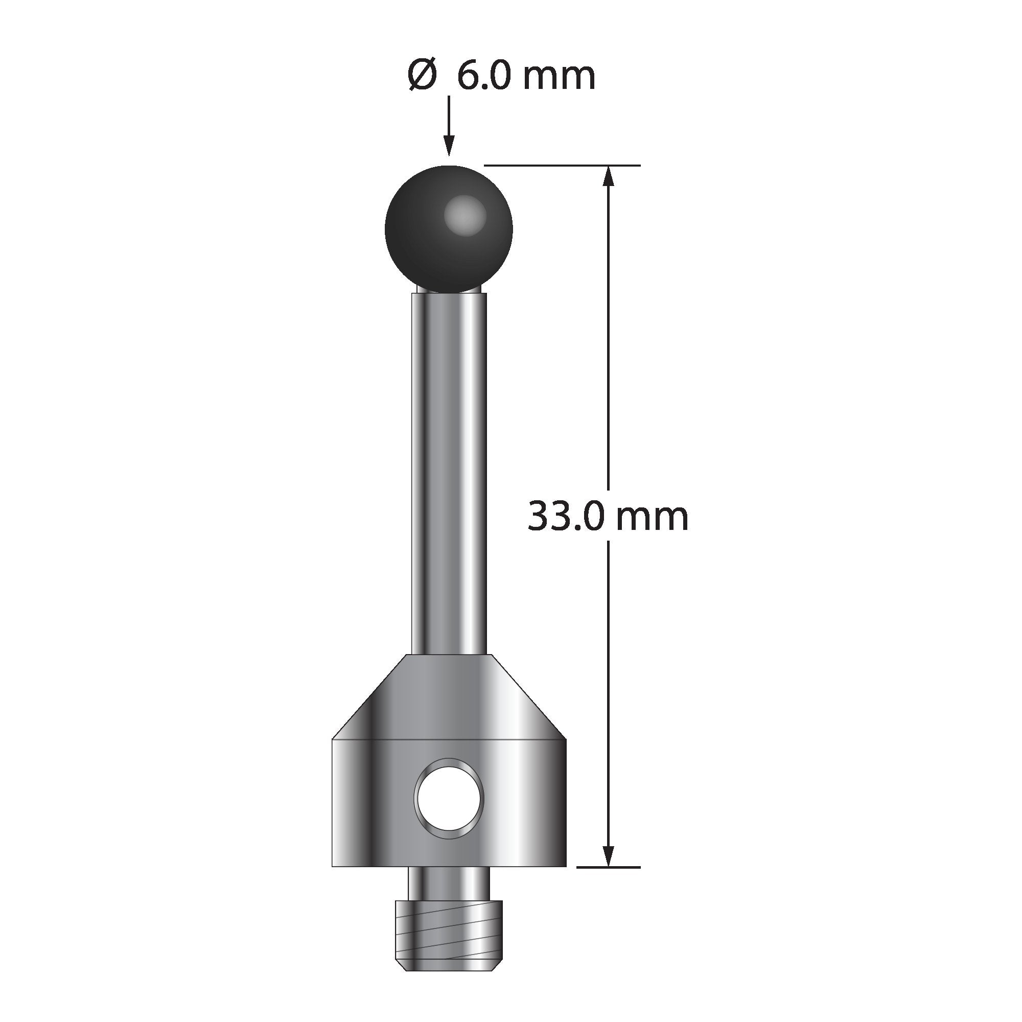 ATG-6033-SN M5 stylus with 6.0mm silicon nitride ball, carbide stem, and stainless steel base, 33.0mm long by Q-Mark Manufacturing, Inc.