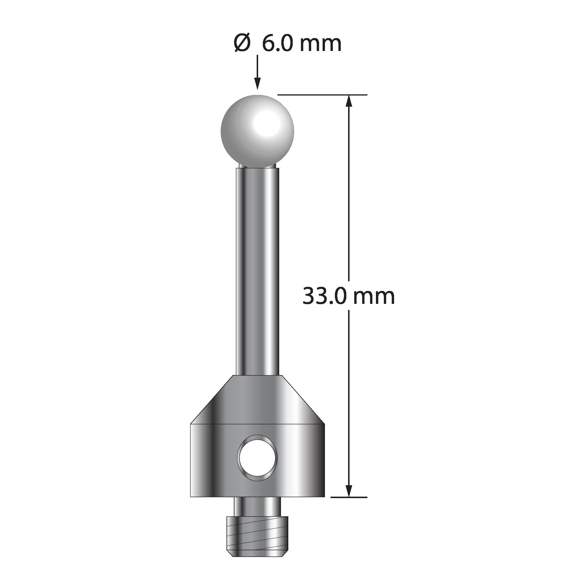 ATG-6033-Z M5 stylus with 6.0mm zirconia ball, carbide stem, and stainless steel base, 33.0mm long by Q-Mark Manufacturing, Inc.