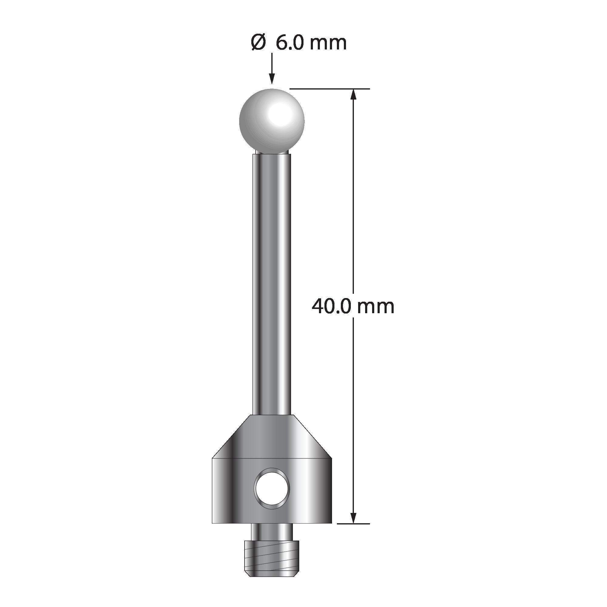 ATG-6040-Z M5 stylus with 6.0mm zirconia ball, carbide stem, and stainless steel base, 40.0mm long by Q-Mark Manufacturing, Inc.