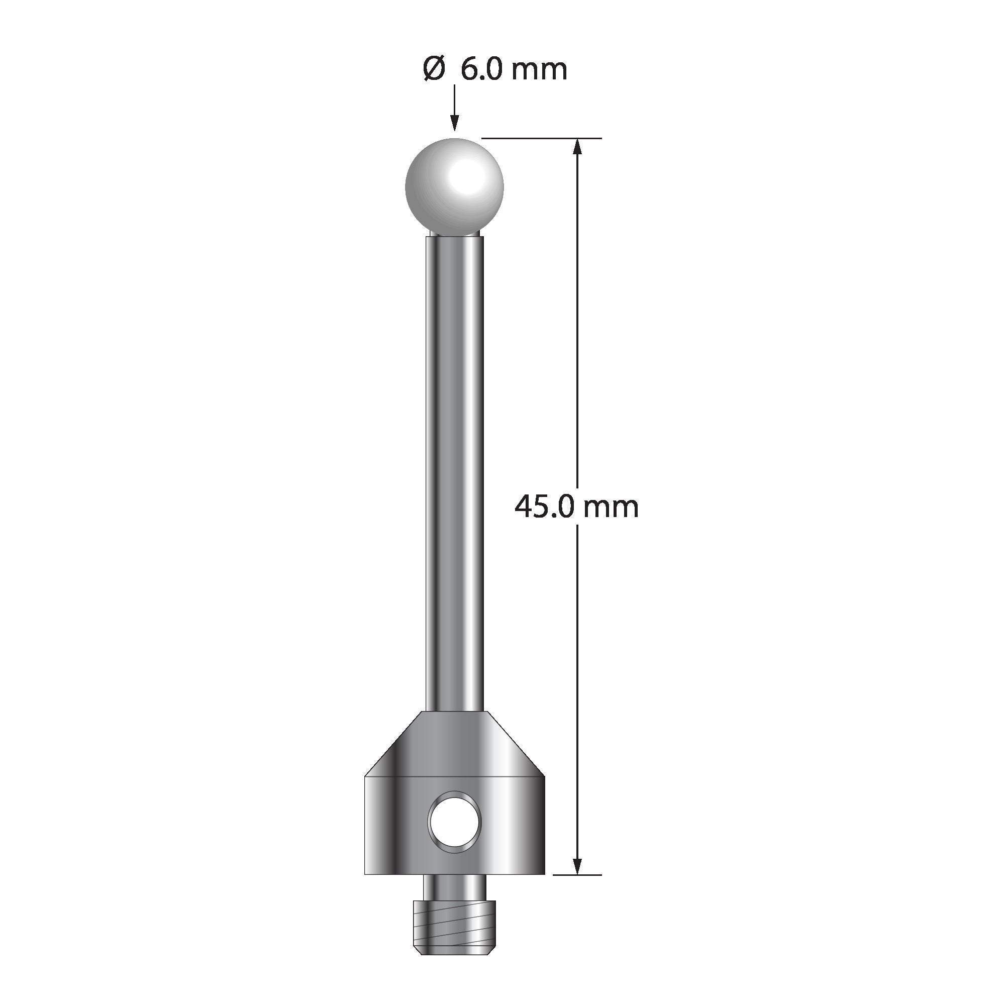 ATG-6045-Z M5 stylus with 6.0mm zirconia ball, carbide stem, and stainless steel base, 45.0mm long by Q-Mark Manufacturing, Inc.