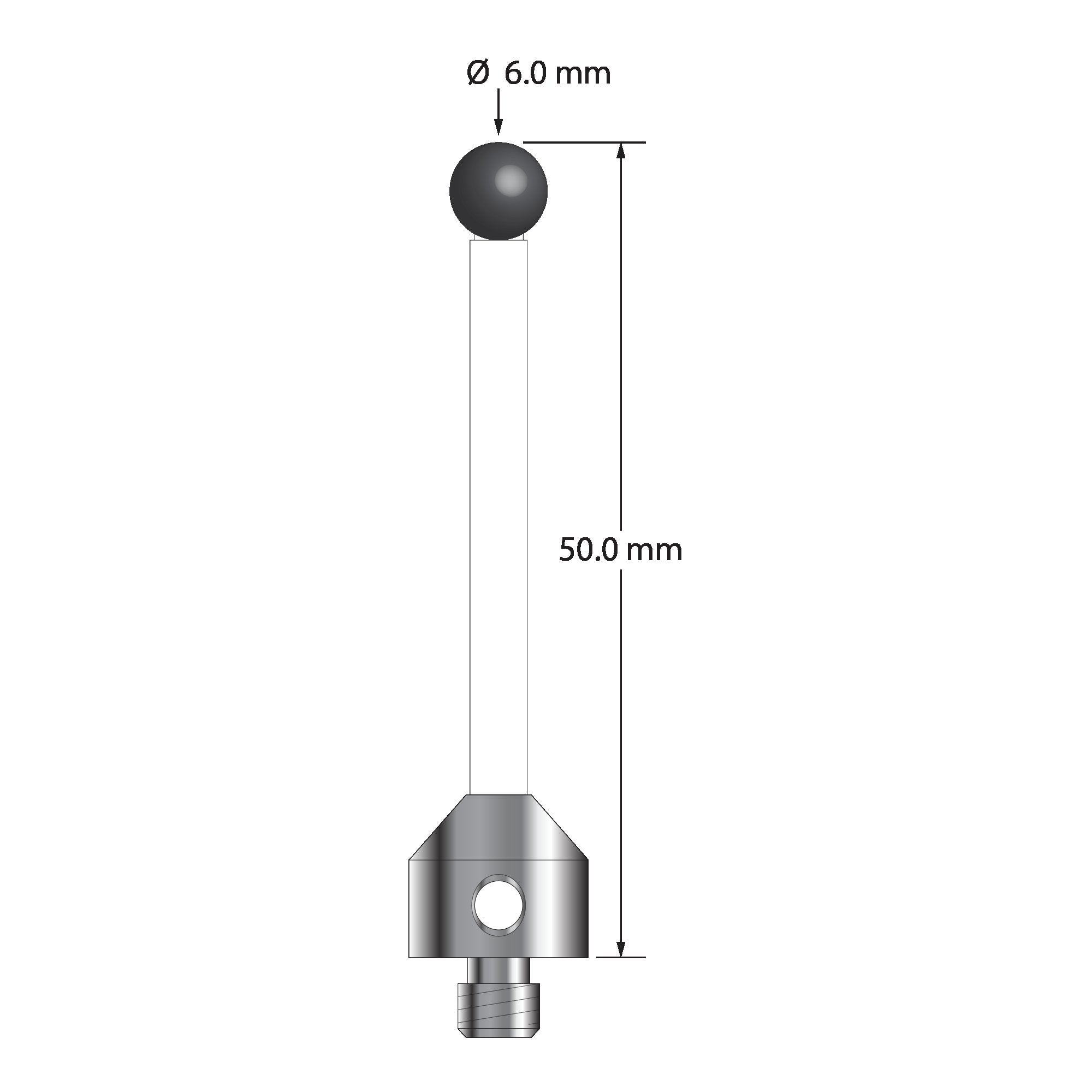 ATG-6050-C-SN M5 stylus with 6.0mm silicon nitride ball, ceramic stem, and aluminum base, 50mm long.
