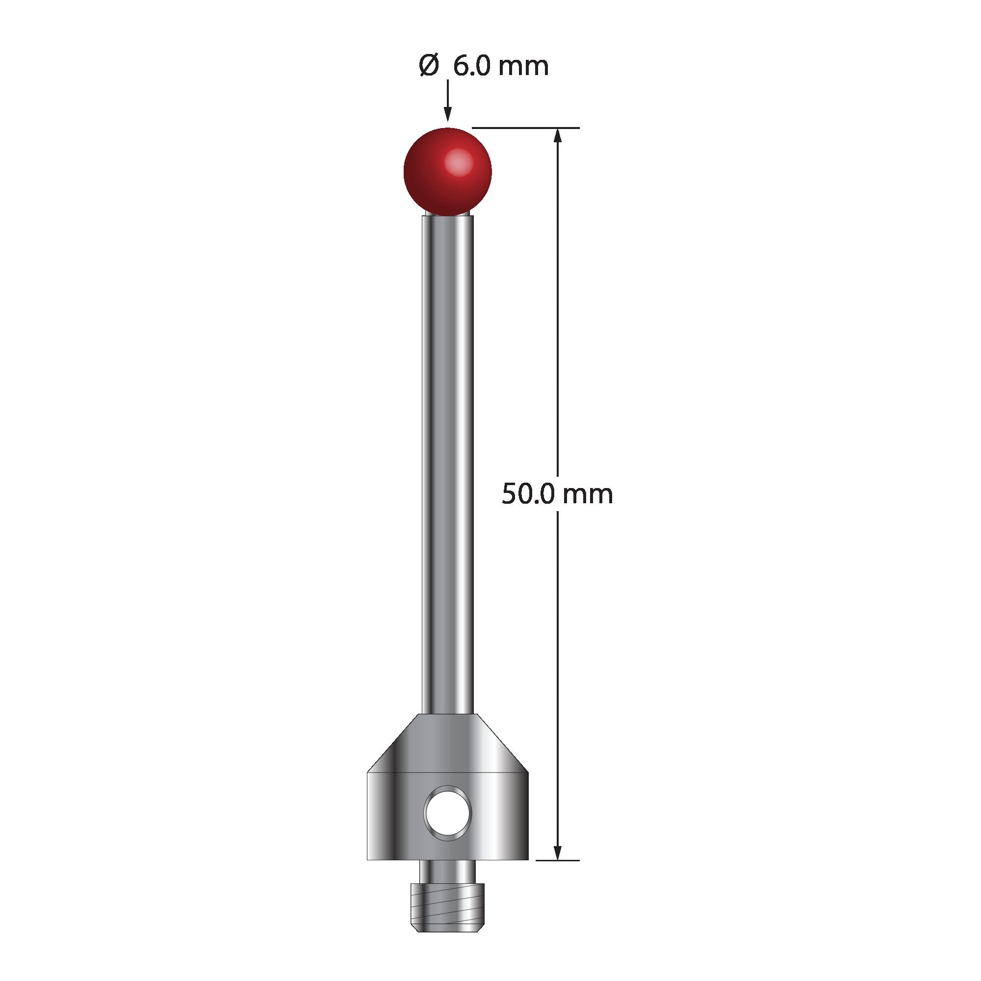 ATG-6050 M5 stylus with 6.0mm ruby ball, carbide stem, and stainless steel base, 50.0mm long by Q-Mark Manufacturing, Inc.
