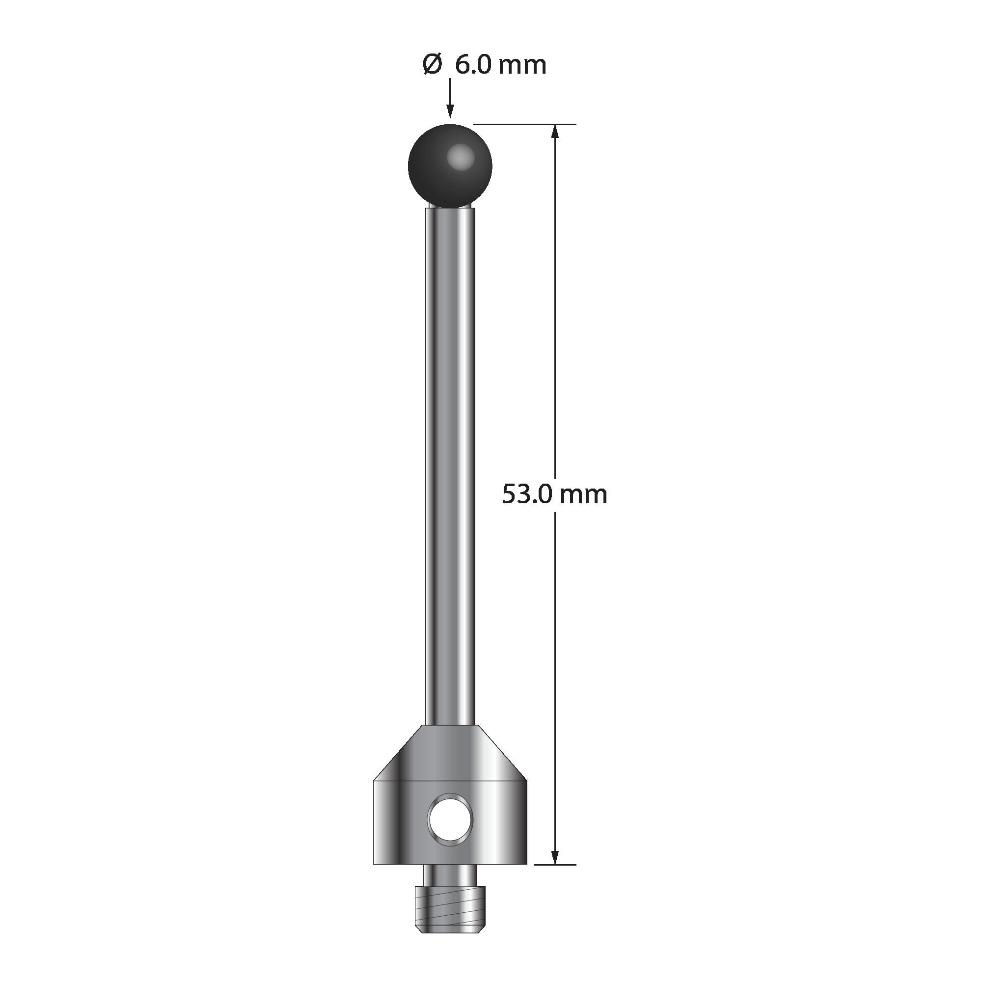 ATG-6053-SN M5 stylus with 6.0mm silicon nitride ball, carbide stem, and stainless steel base, 53.0mm long by Q-Mark Manufacturing, Inc.