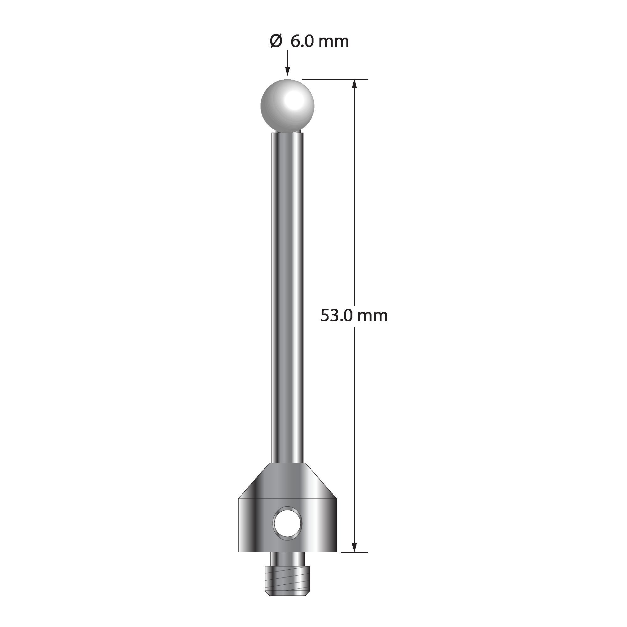 ATG-6053-Z M5 stylus with 6.0mm zirconia ball, carbide stem, and stainless steel base, 53.0mm long by Q-Mark Manufacturing, Inc.