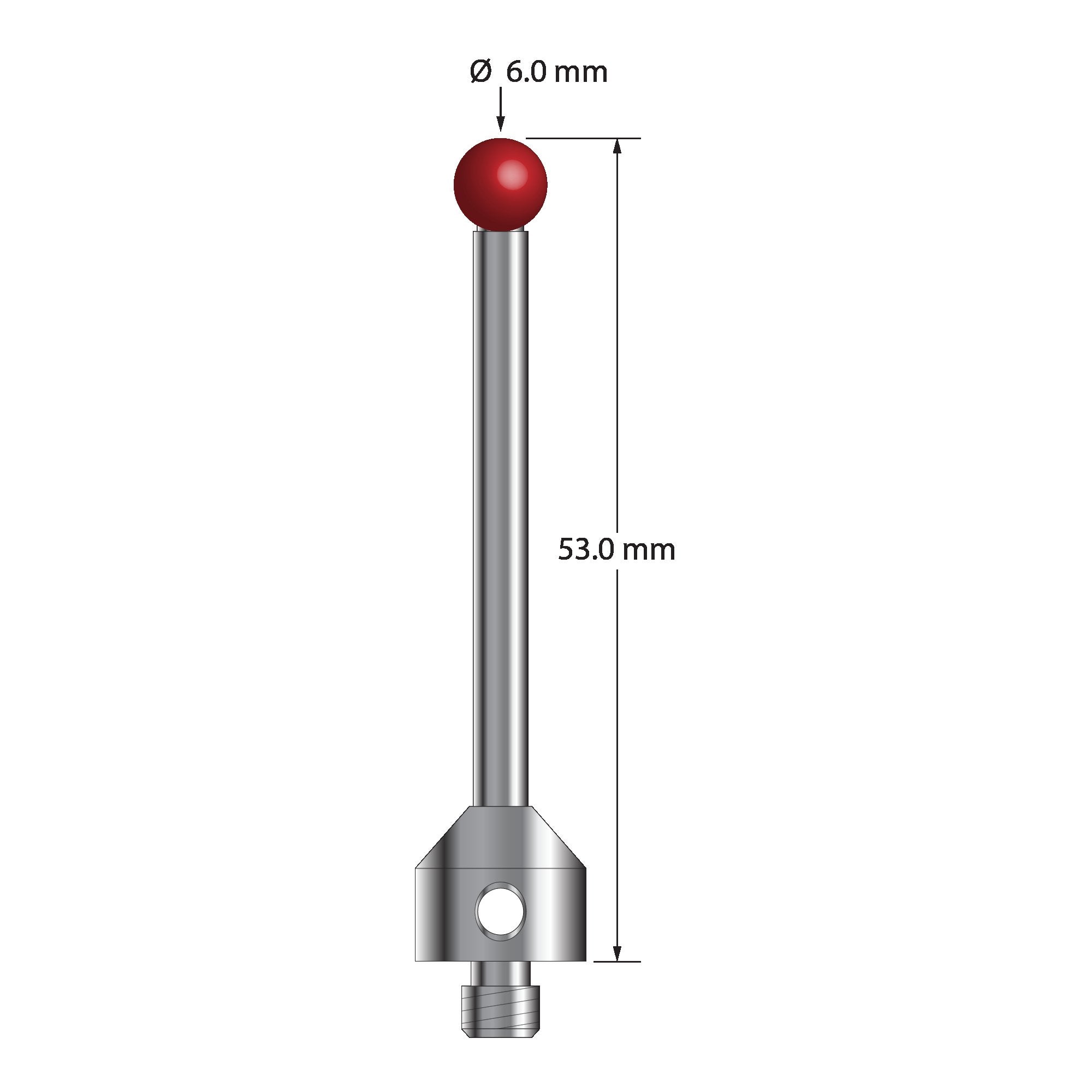 ATG-6053 M5 6.0mm ruby ball stylus with carbide stem and stainless steel base, 53.0mm long by Q-Mark Manufacturing, Inc.