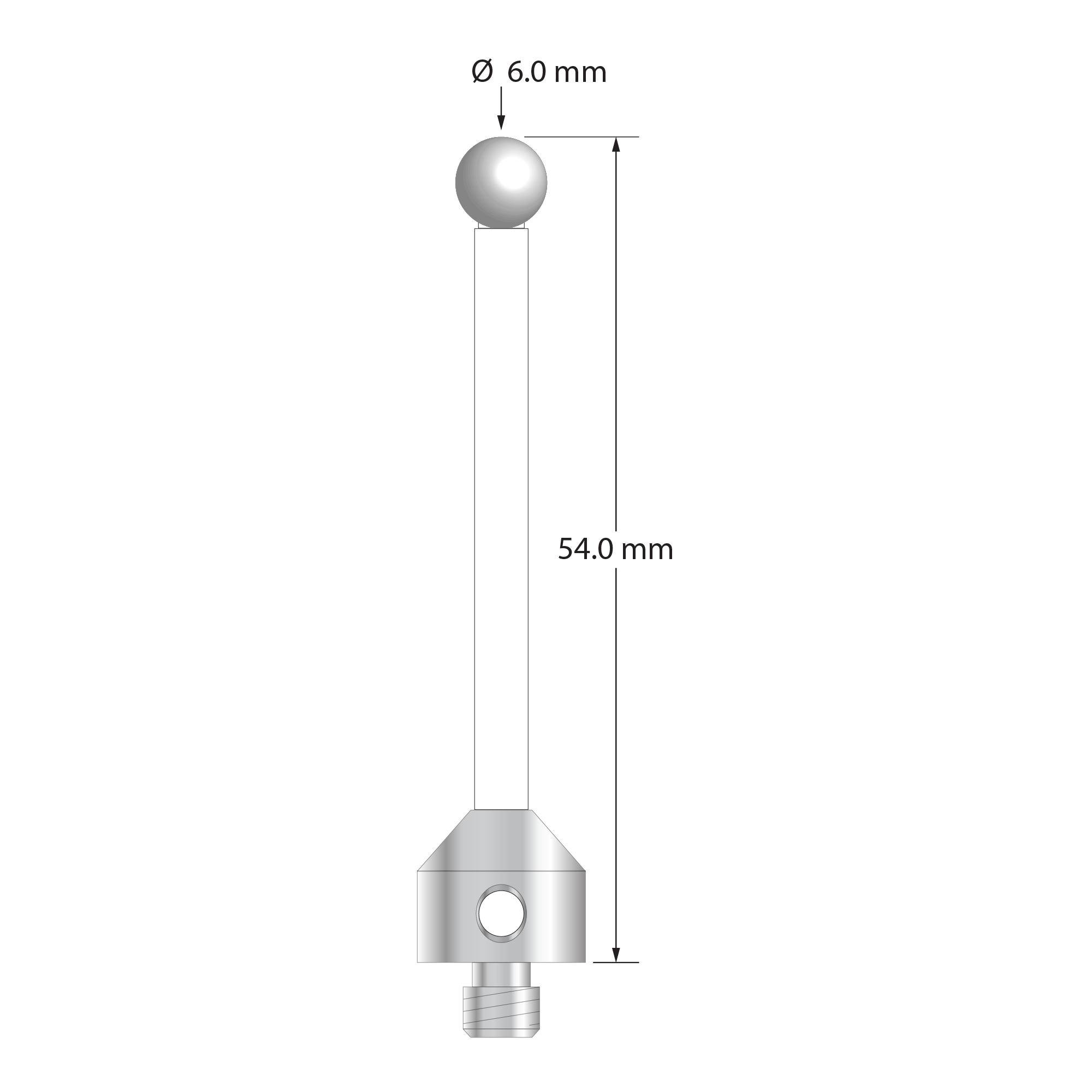 ATG-6054-C-Z M5 stylus with 6.0mm zirconia ball, ceramic stem, and stainless steel base, 54.0mm long by Q-Mark Manufacturing, Inc.