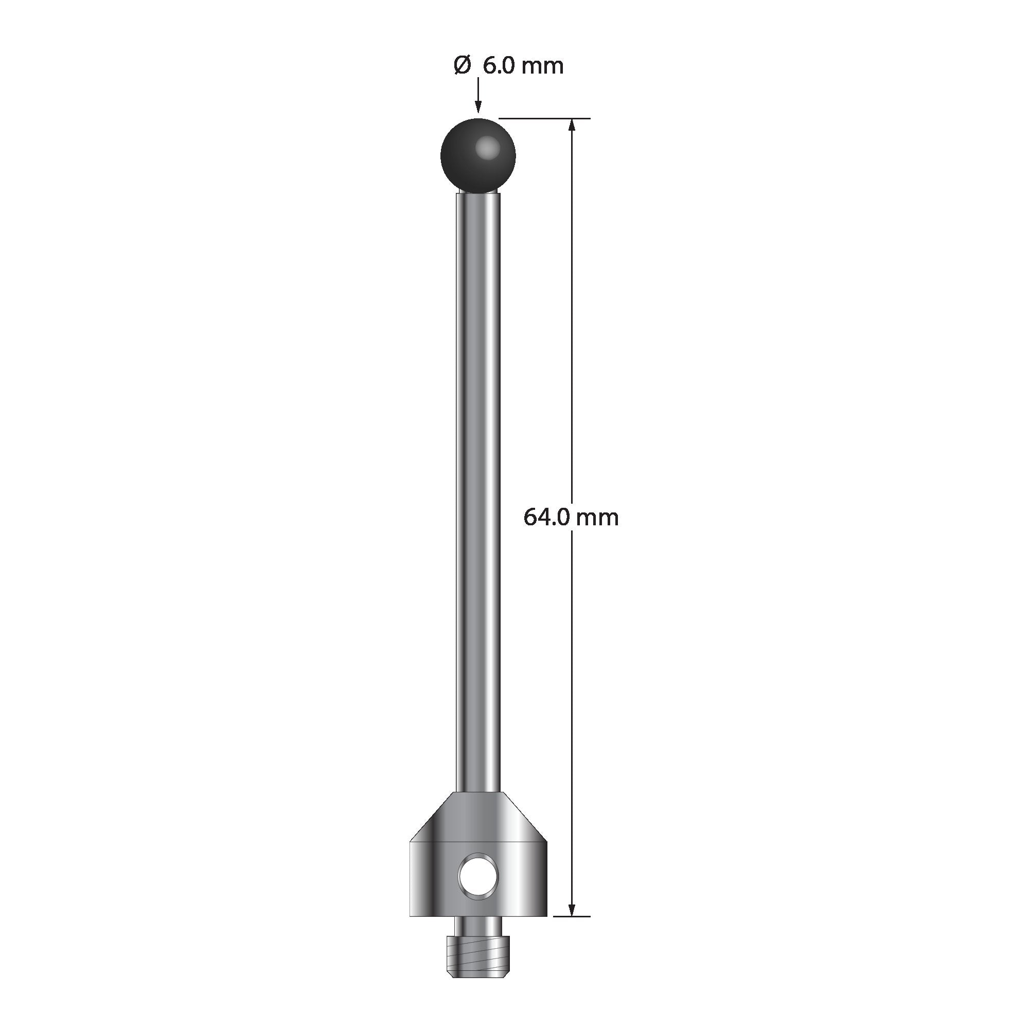 ATG-6064-SN M5 stylus with 6.0mm silicon nitride ball, carbide stem, and stainless steel base, 64.0mm long by Q-Mark Manufacturing, Inc.