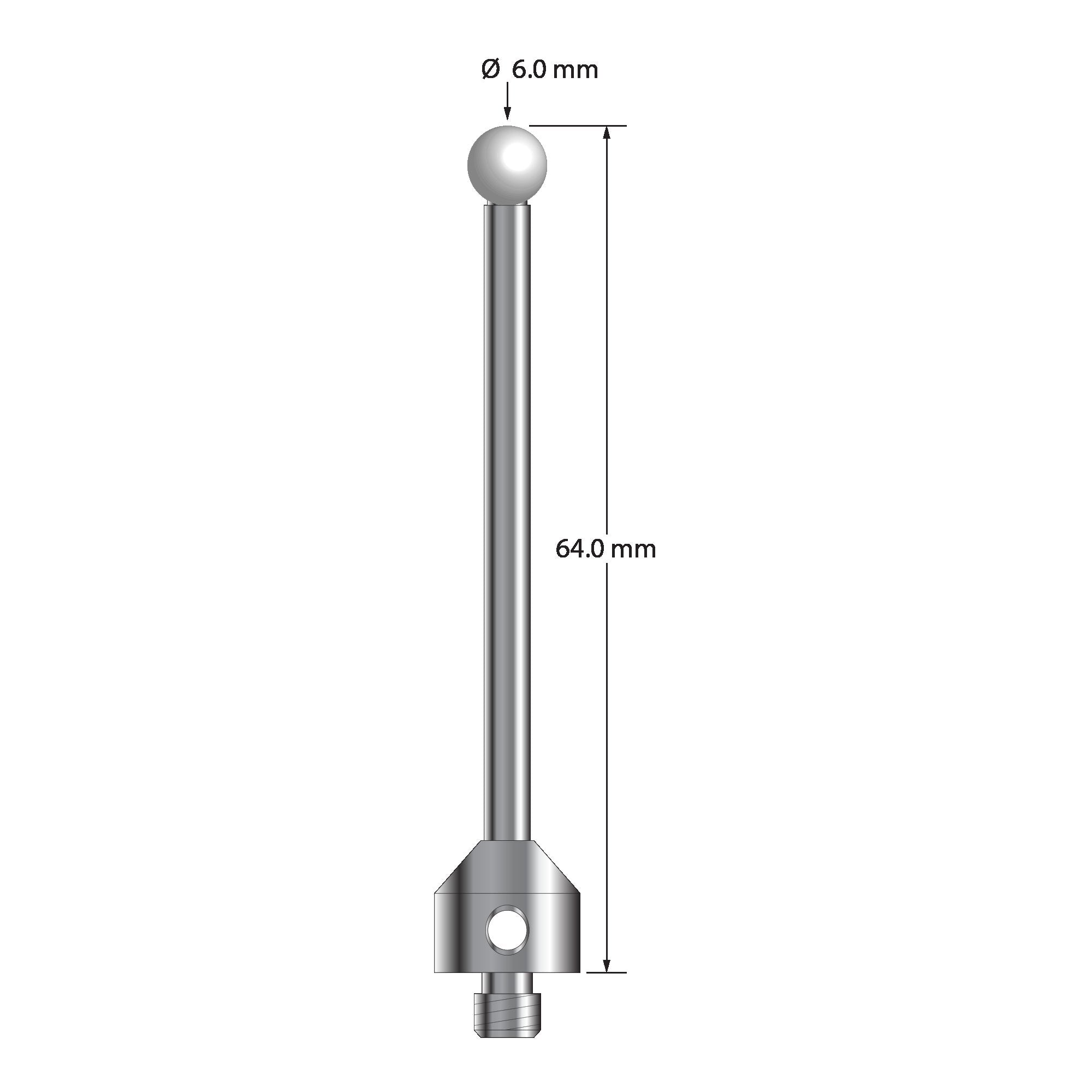 ATG-6064-Z M5 stylus with 6.0mm zirconia ball, carbide stem, and stainless steel base, 64.0mm long by Q-Mark Manufacturing, Inc.