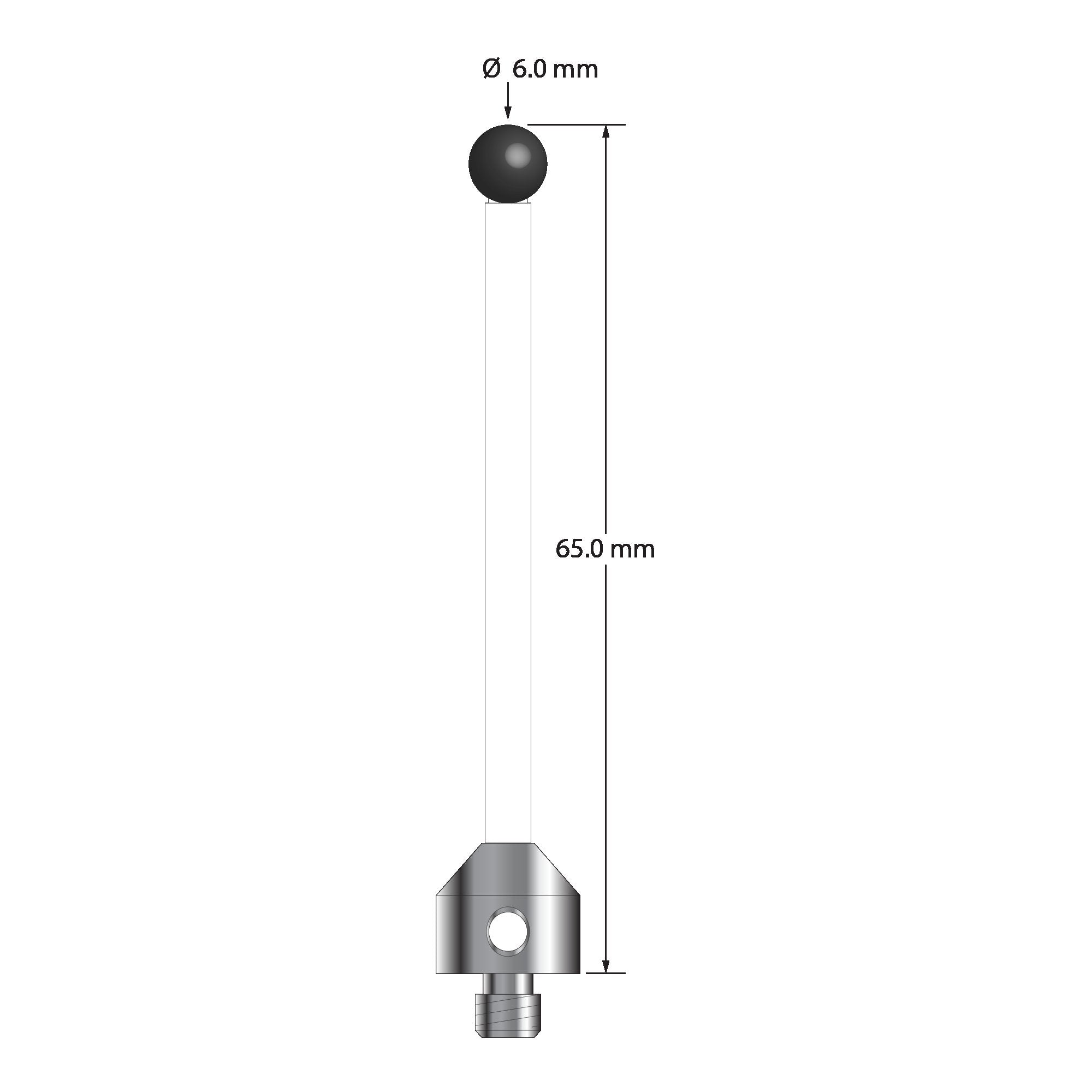 ATG-6065-C-SN M5 stylus with 6.0mm silicon nitride ball, ceramic stem, and aluminum base, 65.0mm long.
