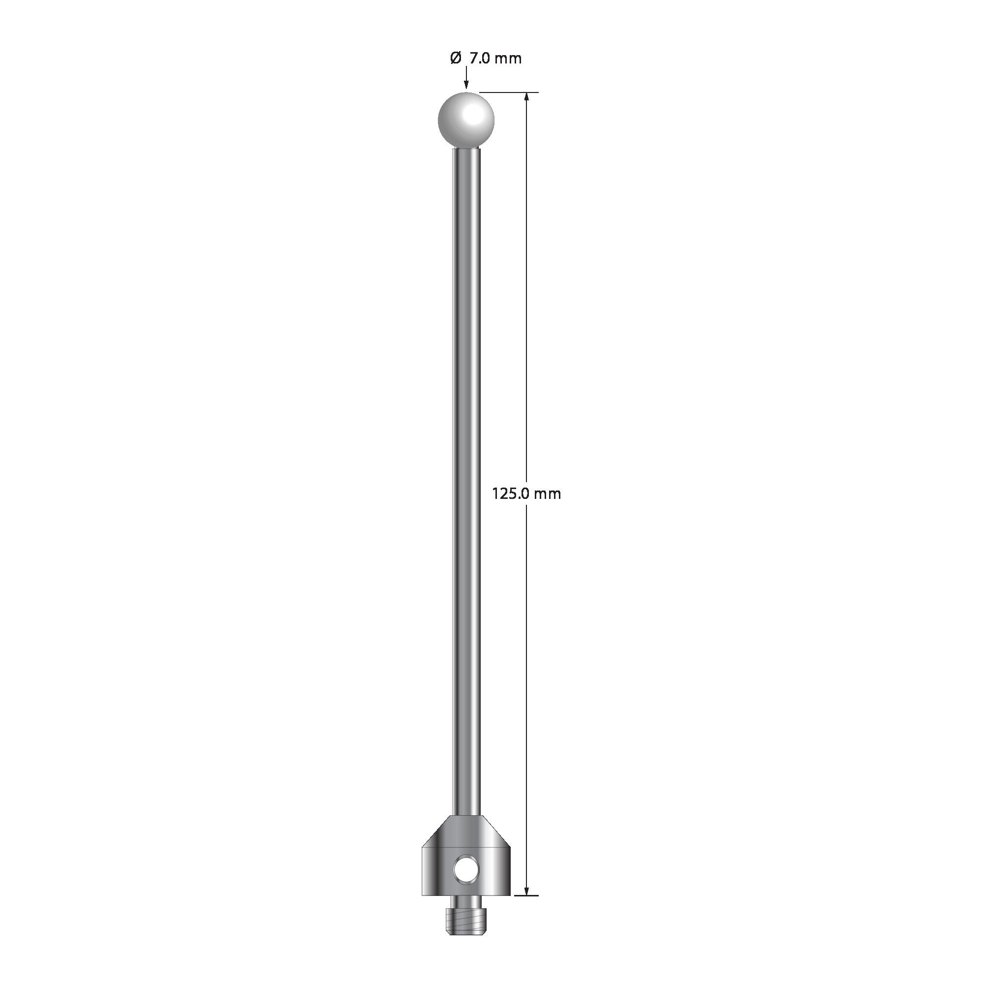 ATG-70125-Z M5 stylus with 7.0mm zirconia ball, carbide stem, and stainless steel base, 125.0mm long by Q-Mark Manufacturing, Inc.