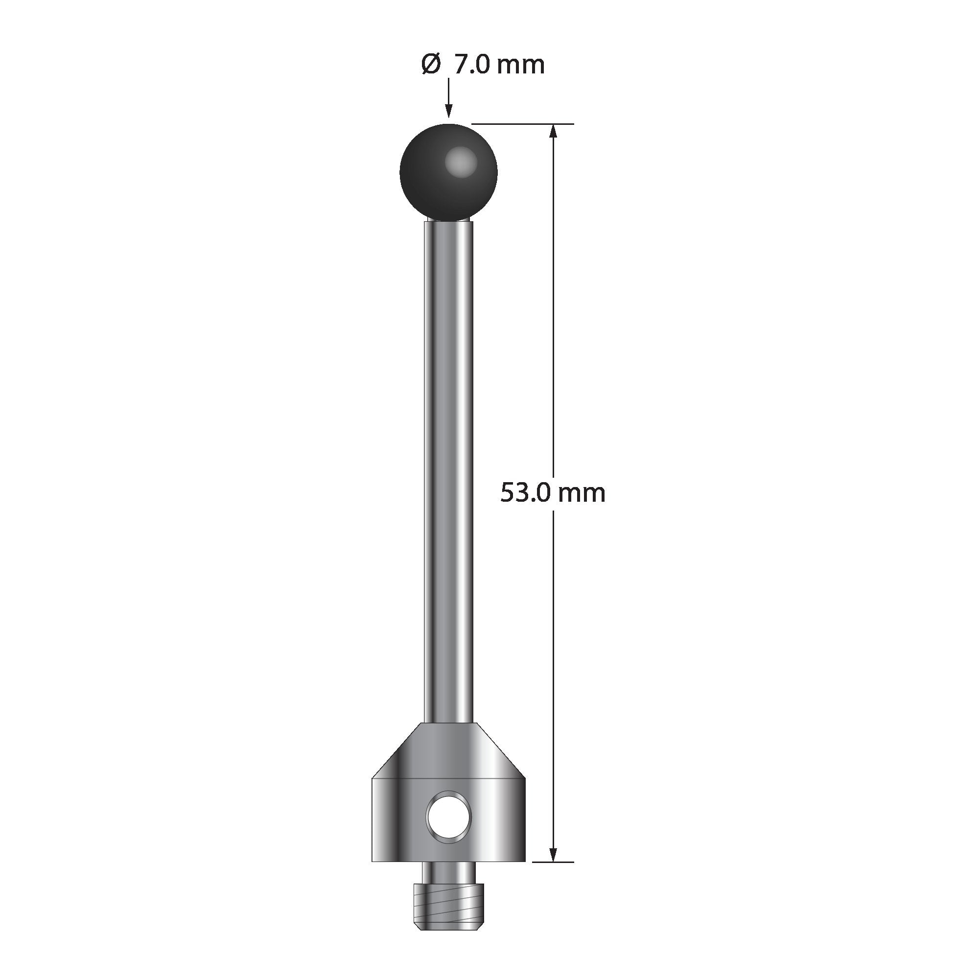 ATG-7053-SN M5 stylus with 7.0mm silicon nitride ball, carbide stem, and stainless steel base, 53.0mm long by Q-Mark Manufacturing, Inc.