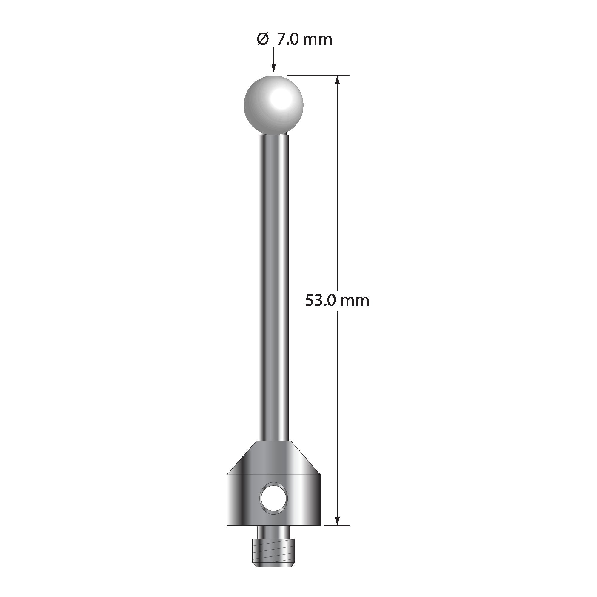 ATG-7053-Z M5 stylus with 7.0mm zirconia ball, carbide stem, and stainless steel base, 53.0mm long by Q-Mark Manufacturing, Inc.