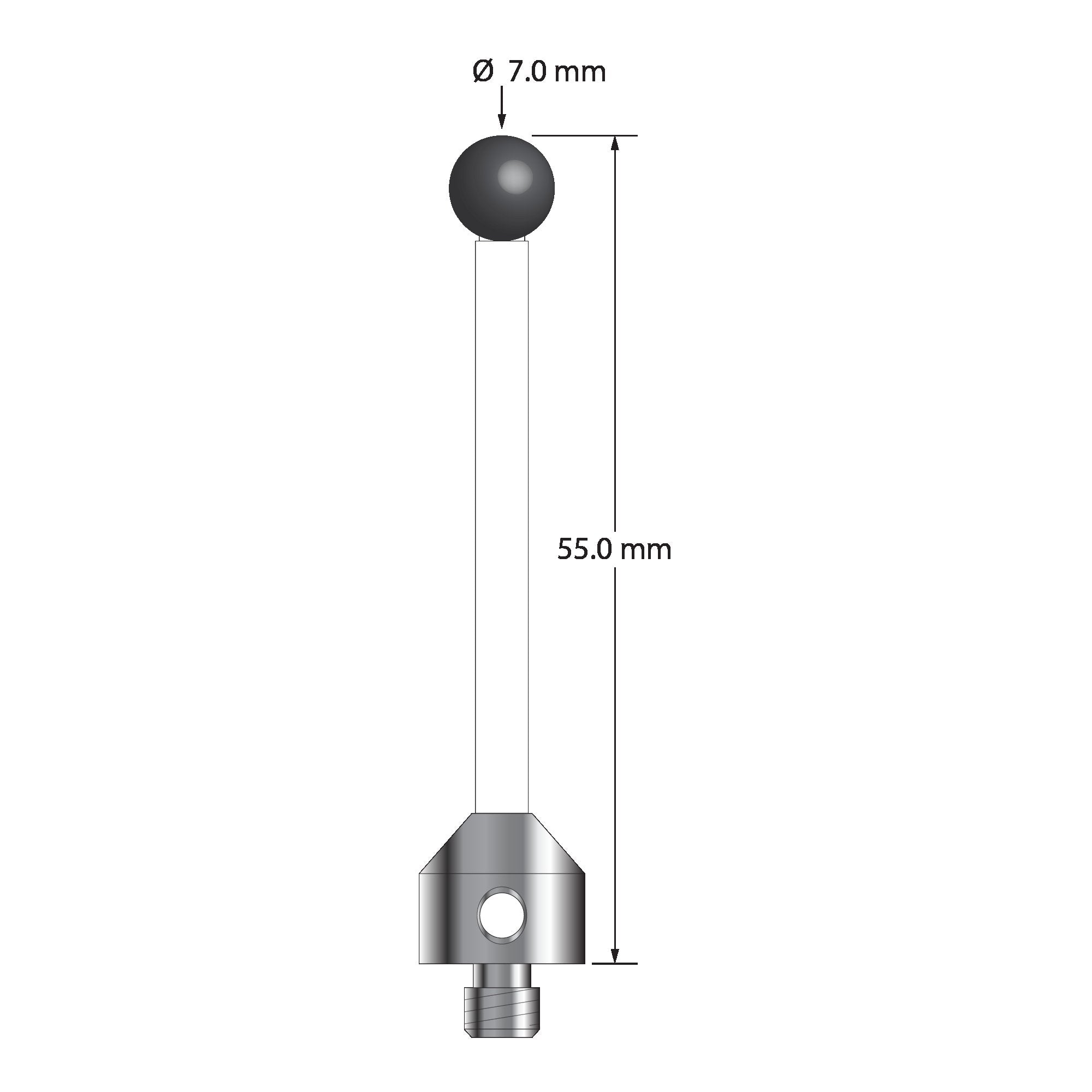 ATG-7055-C-SN M5 stylus with 7.0mm silicon nitride ball, ceramic stem, and aluminum base, 55.0mm long.