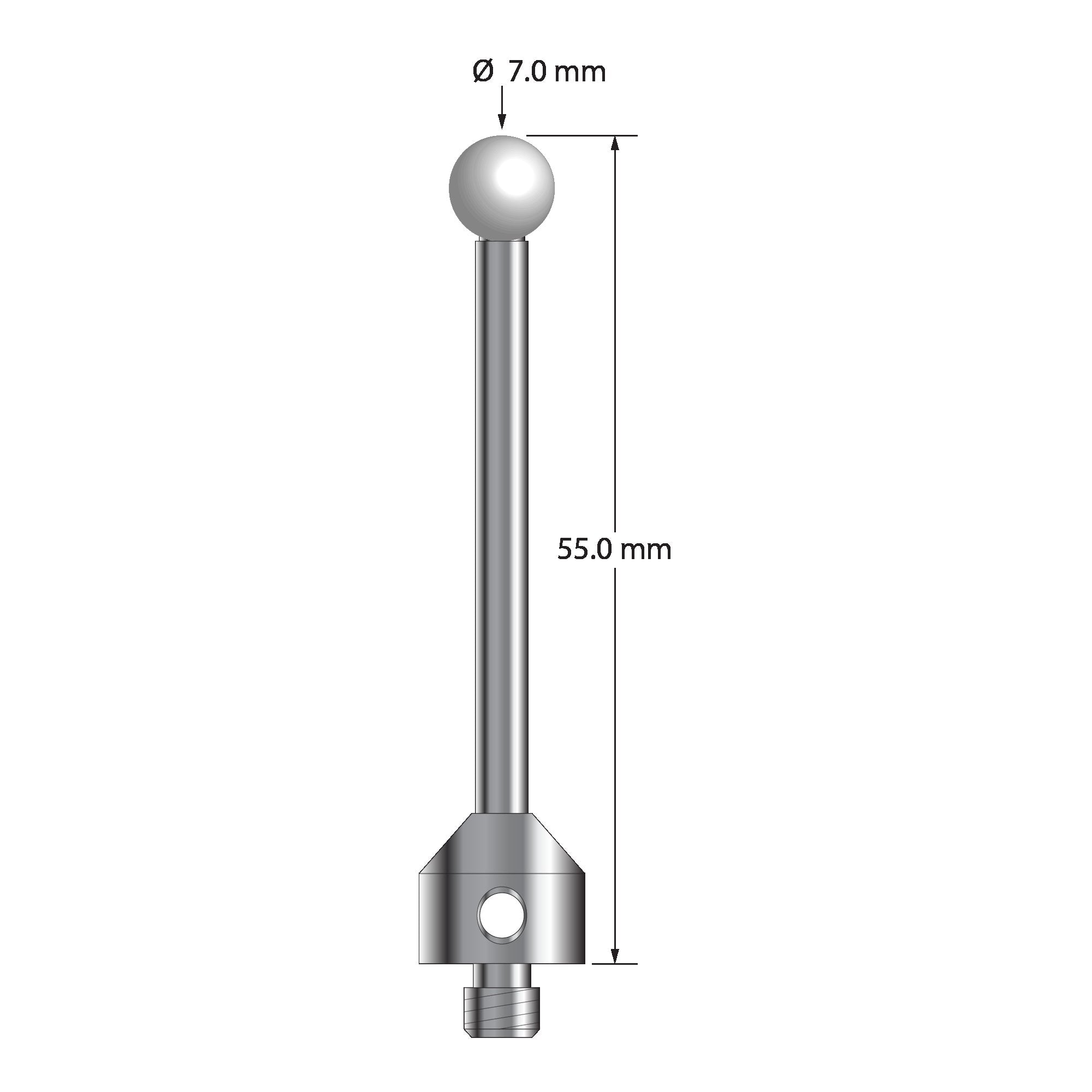 ATG-7055-Z M5 stylus with 7.0mm zirconia ball, carbide stem, and stainless steel base, 55.0mm long by Q-Mark Manufacturing, Inc.
