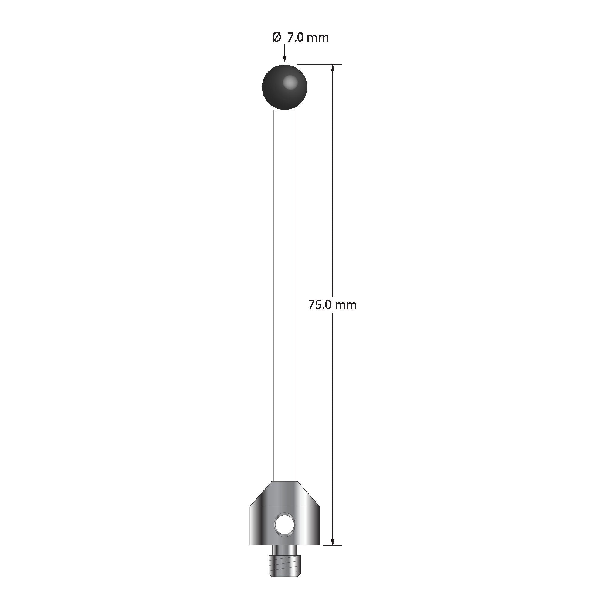 ATG-7075-C-SN M5 stylus with 7.0mm silicon nitride ball, ceramic stem, and aluminum base, 75.0mm long.