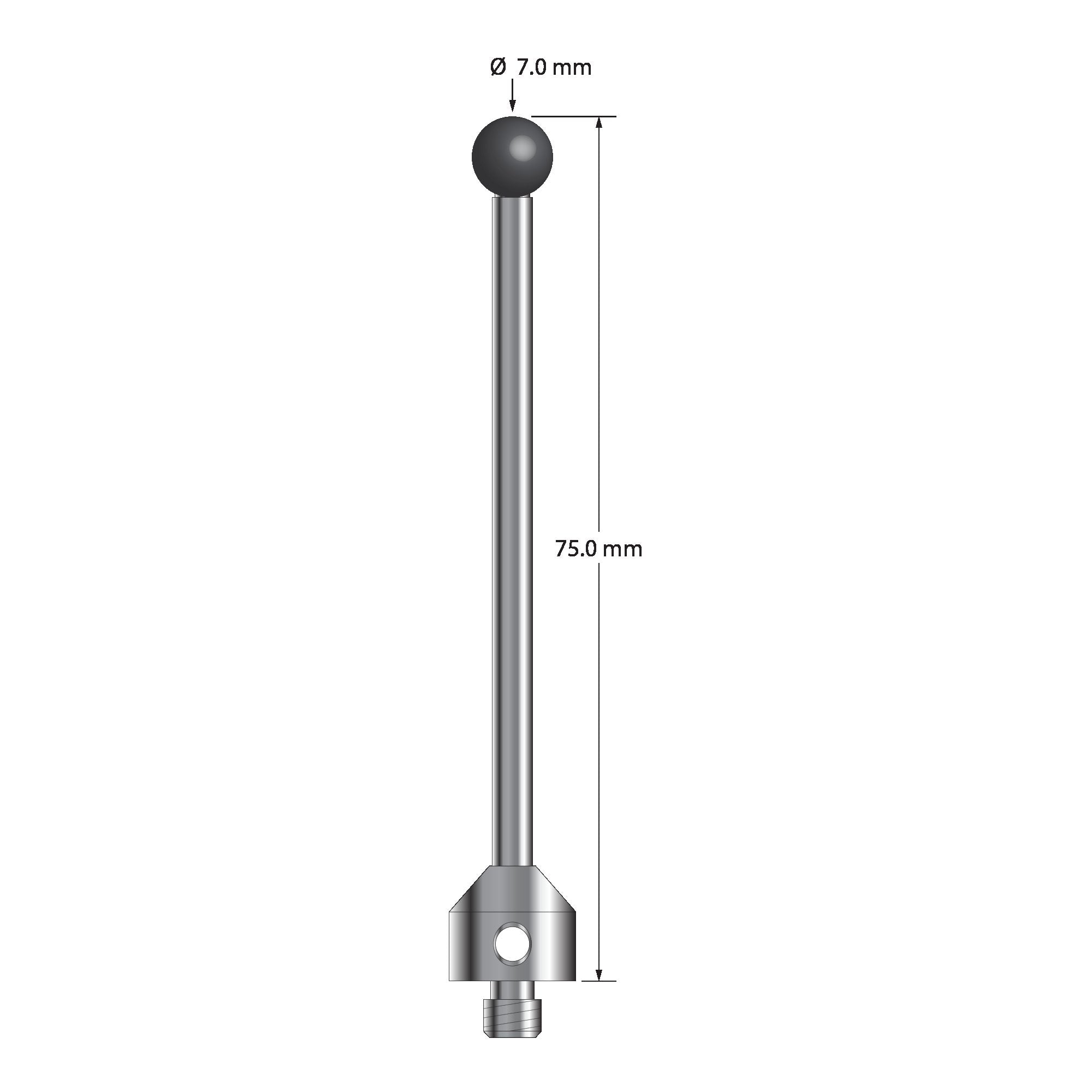 ATG-7075-SN M5 stylus with 7.0mm silicon nitride ball, carbide stem, and stainless steel base, 75.0mm long by Q-Mark Manufacturing, Inc.