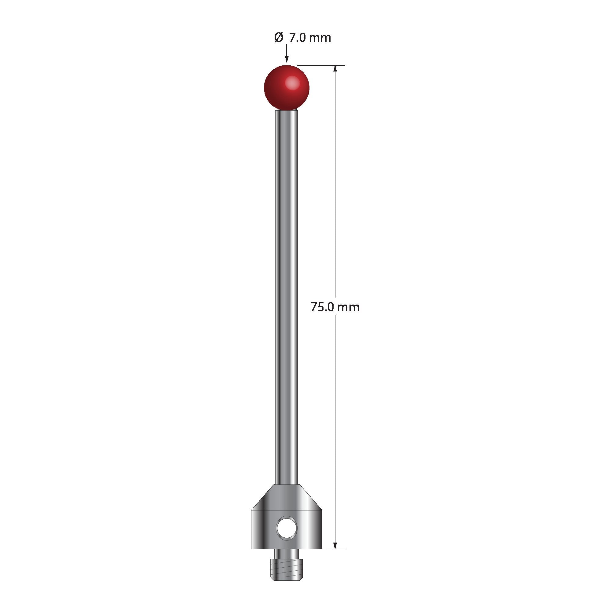 ATG-7075 M5 stylus with 7.0mm ruby ball, carbide stem, stainless steel base, 75mm long by Q-Mark Manufacturing, Inc.