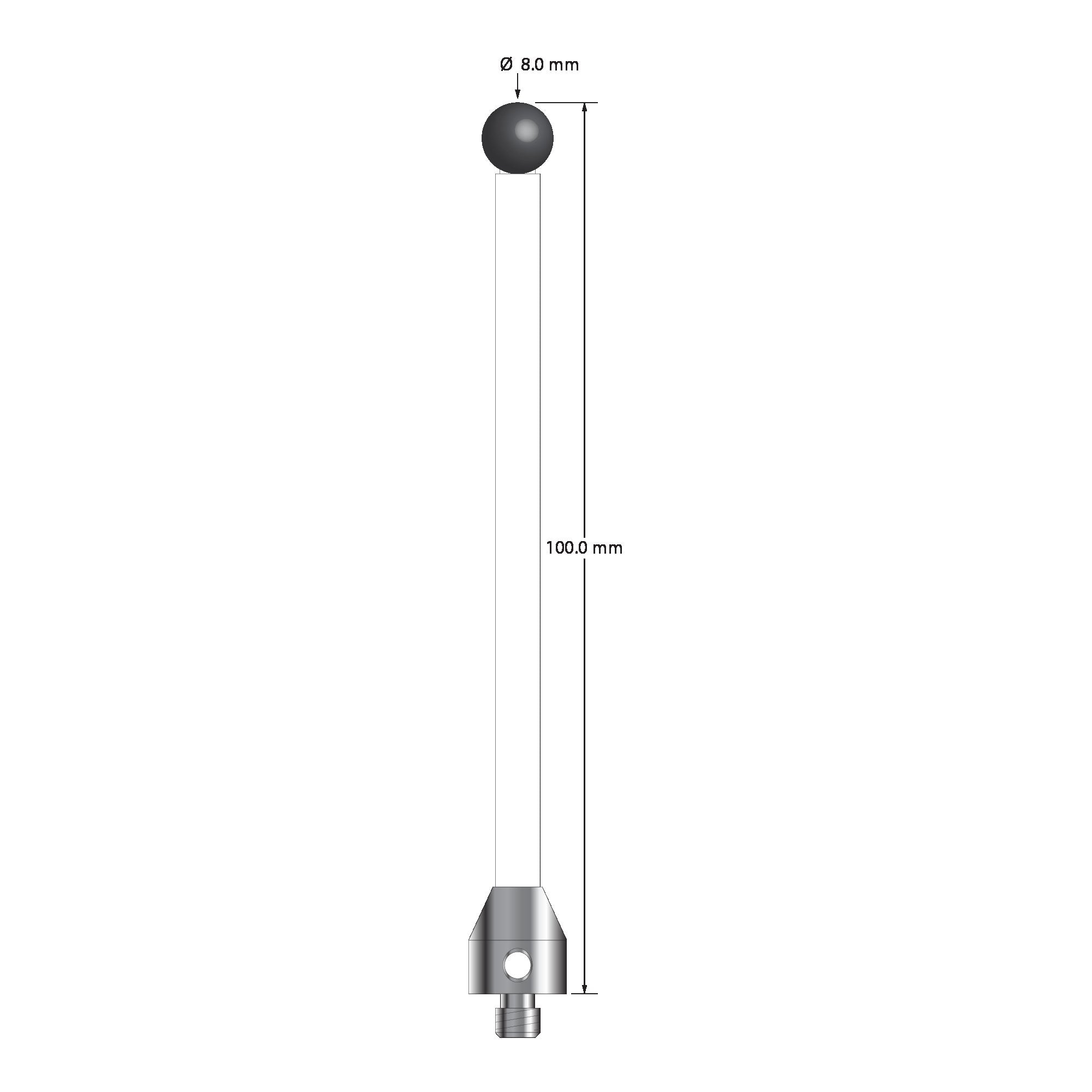 ATG-80100-C-SN M5 stylus with 8.0mm silicon nitride ball, ceramic stem, and aluminum base, 100mm long by Q-Mark Manufacturing, Inc.