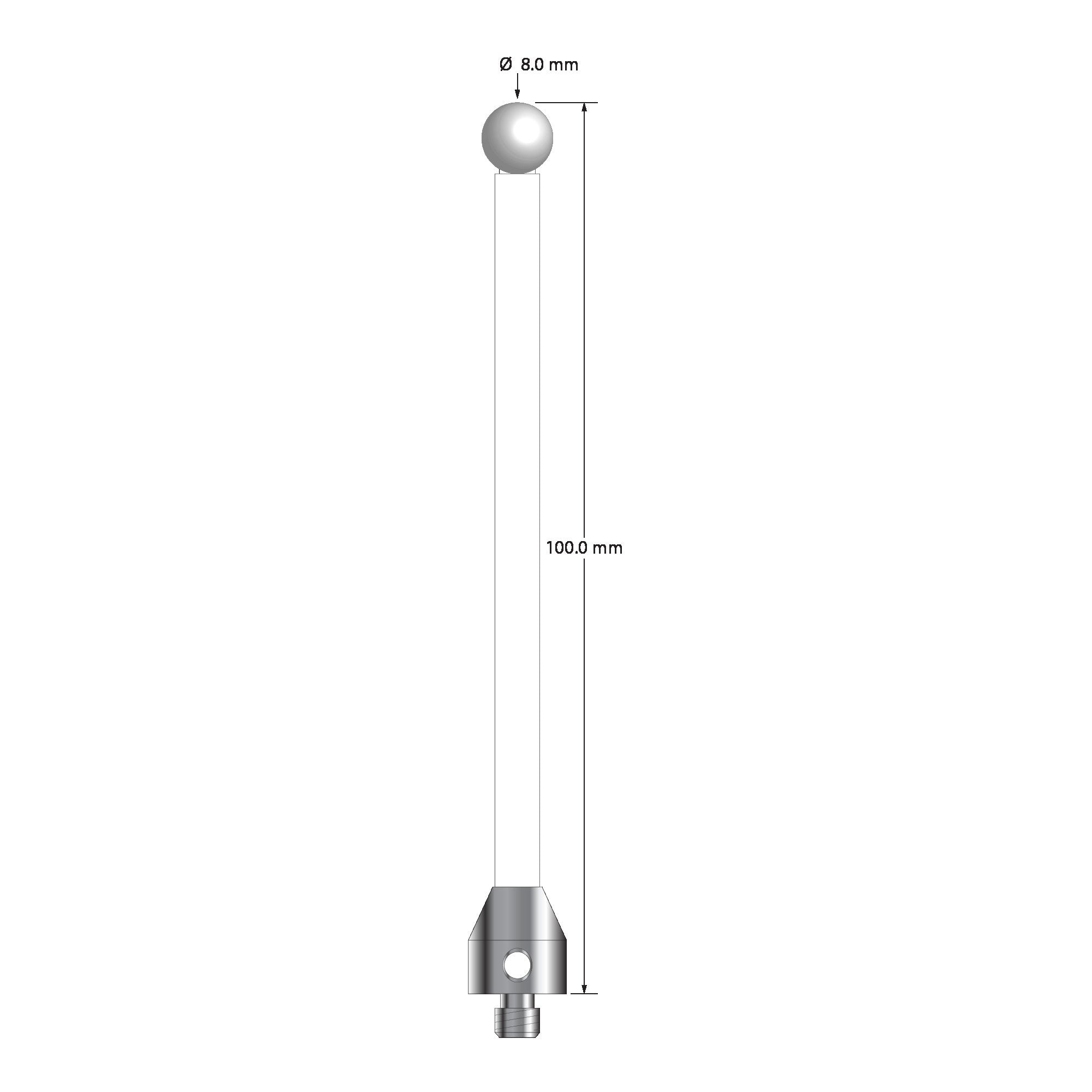 ATG-80100-C-Z M5 stylus with 8.0mm zirconia ball, ceramic stem, and aluminum base, 100mm long by Q-Mark Manufacturing, Inc.