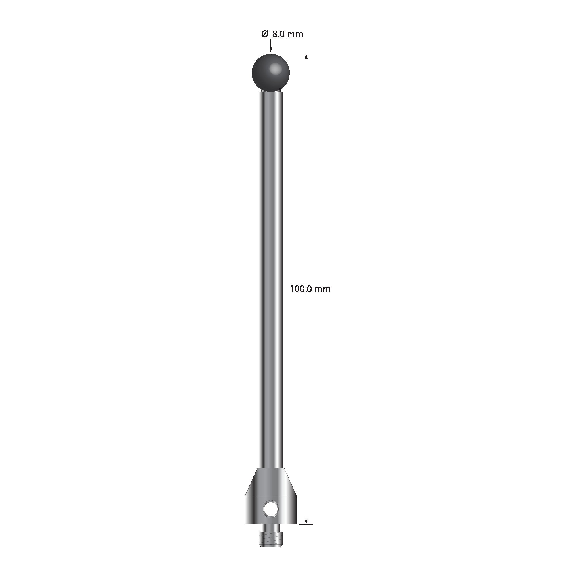 ATG-80100-SN M5 stylus with 8.0 mm silicon nitride ball, carbide stem, and stainless steel base, 100.0 mm long by Q-Mark Manufacturing, Inc.
