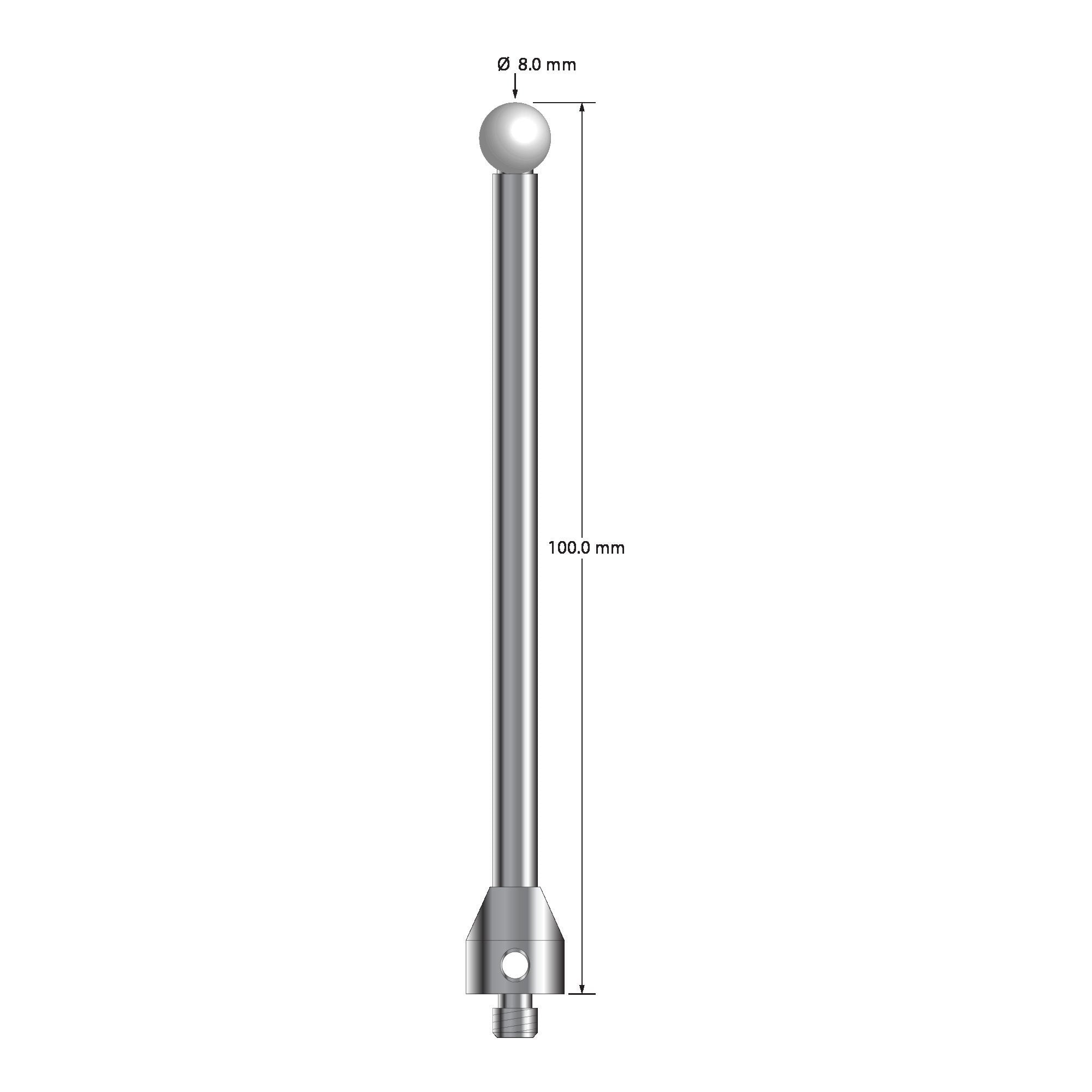 ATG-80100-Z M5 stylus with 8.0mm zirconia ball, carbide stem, and stainless steel base, 100mm long by Q-Mark Manufacturing, Inc.