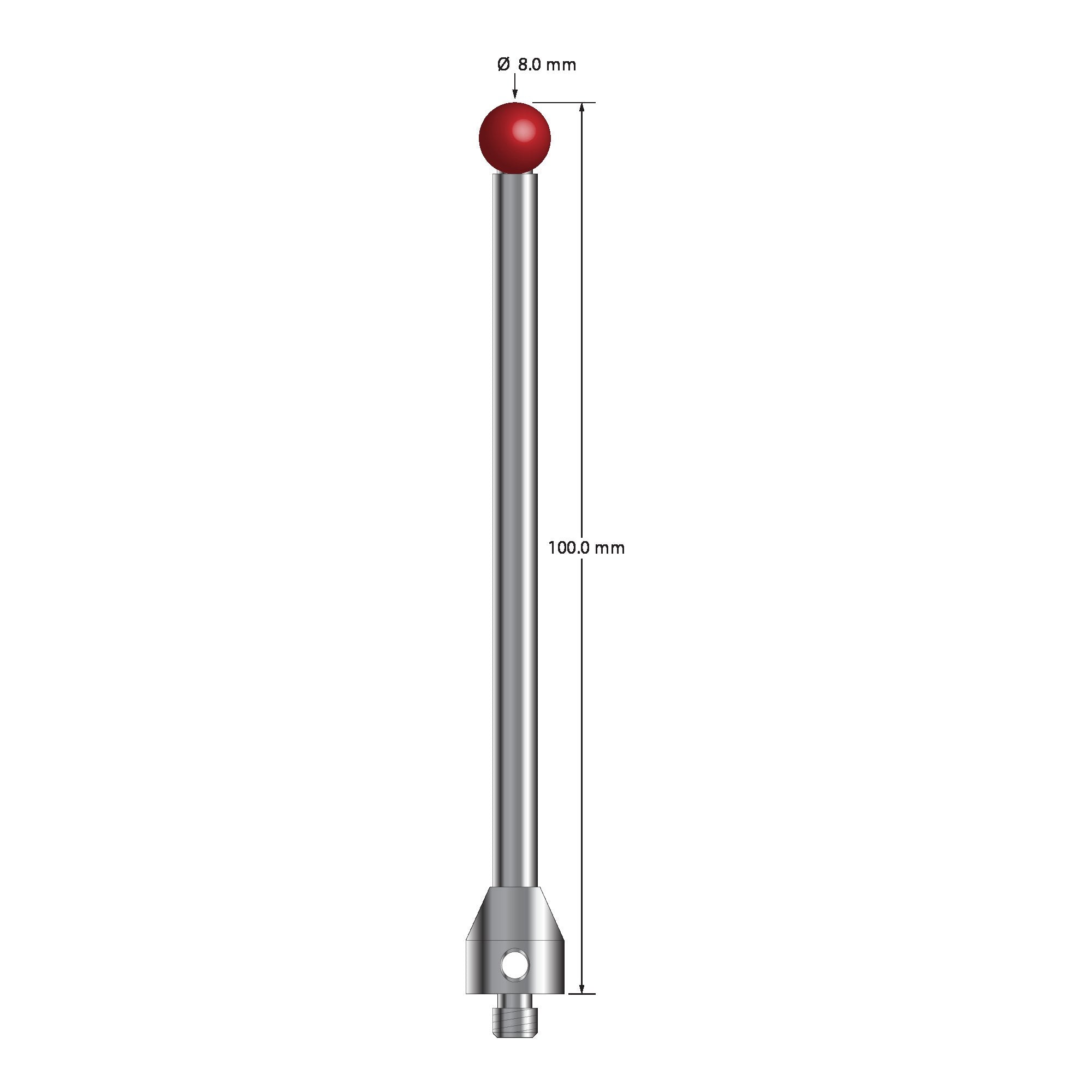 ATG-80100 M5 stylus with 8.0mm ruby ball, carbide stem, and stainless steel base, 100mm long by Q-Mark Manufacturing, Inc.