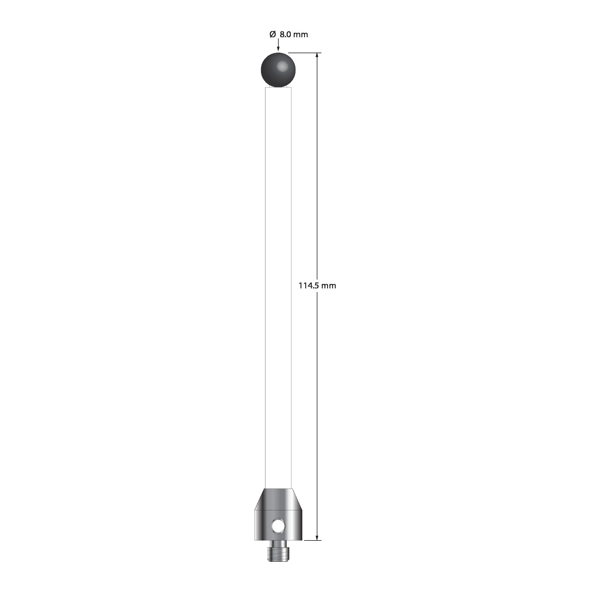 ATG-80114.5-C-SN M5 stylus with 8mm ruby ball, ceramic stem, and aluminum base, 114.5mm long by Q-Mark Manufacturing, Inc.