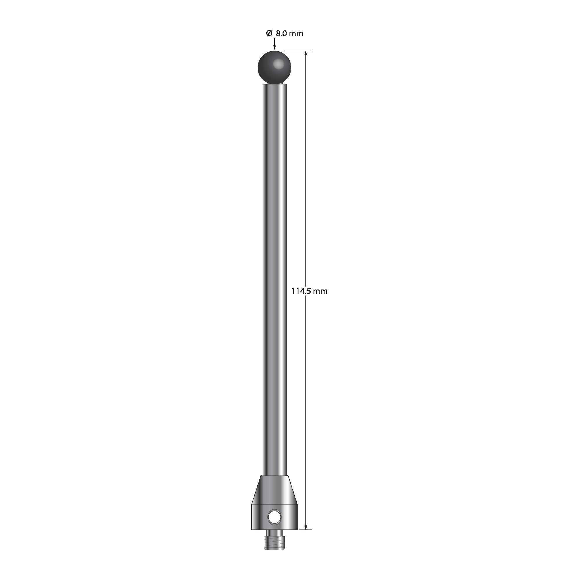 ATG-80114.5-SN M5 stylus with 8.0mm silicon nitride ball, carbide stem, and stainless steel base, 114.5mm long by Q-Mark Manufacturing, Inc.