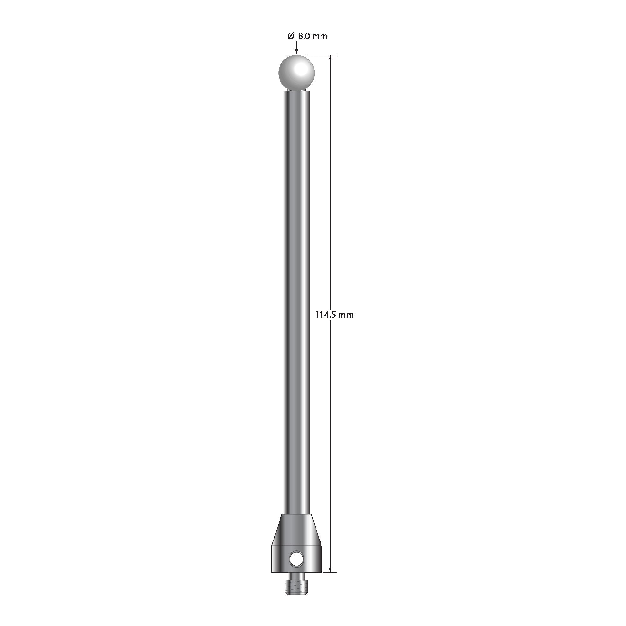 ATG-80114.5-Z M5 stylus with 8.0mm silicon nitride ball, carbide stem, and stainless steel base, 114.5mm long by Q-Mark Manufacturing, Inc.