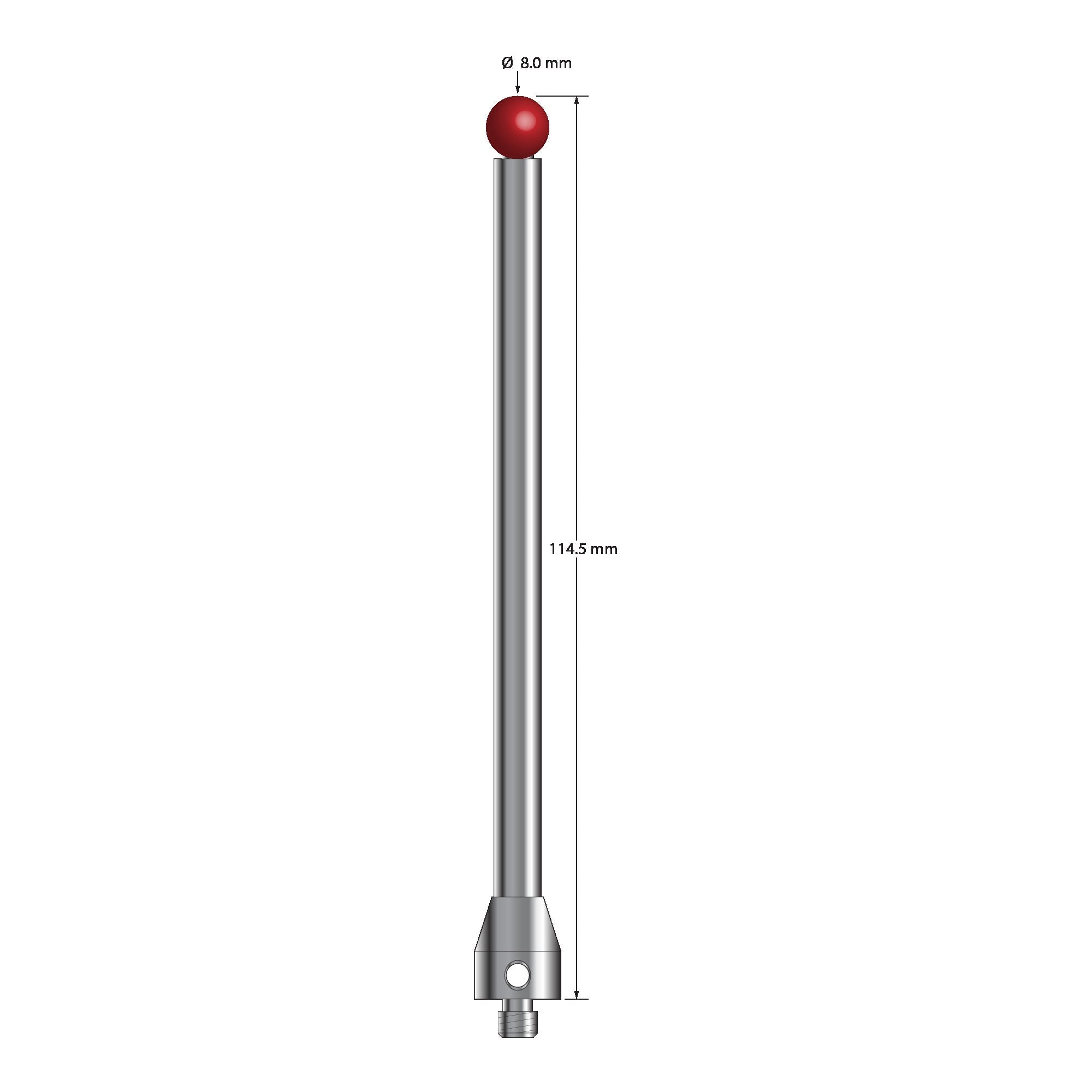 ATG-80114.5 M5 stylus with 8mm ruby ball, carbide stem, and stainless steel base, 114.5mm long by Q-Mark Manufacturing, Inc.