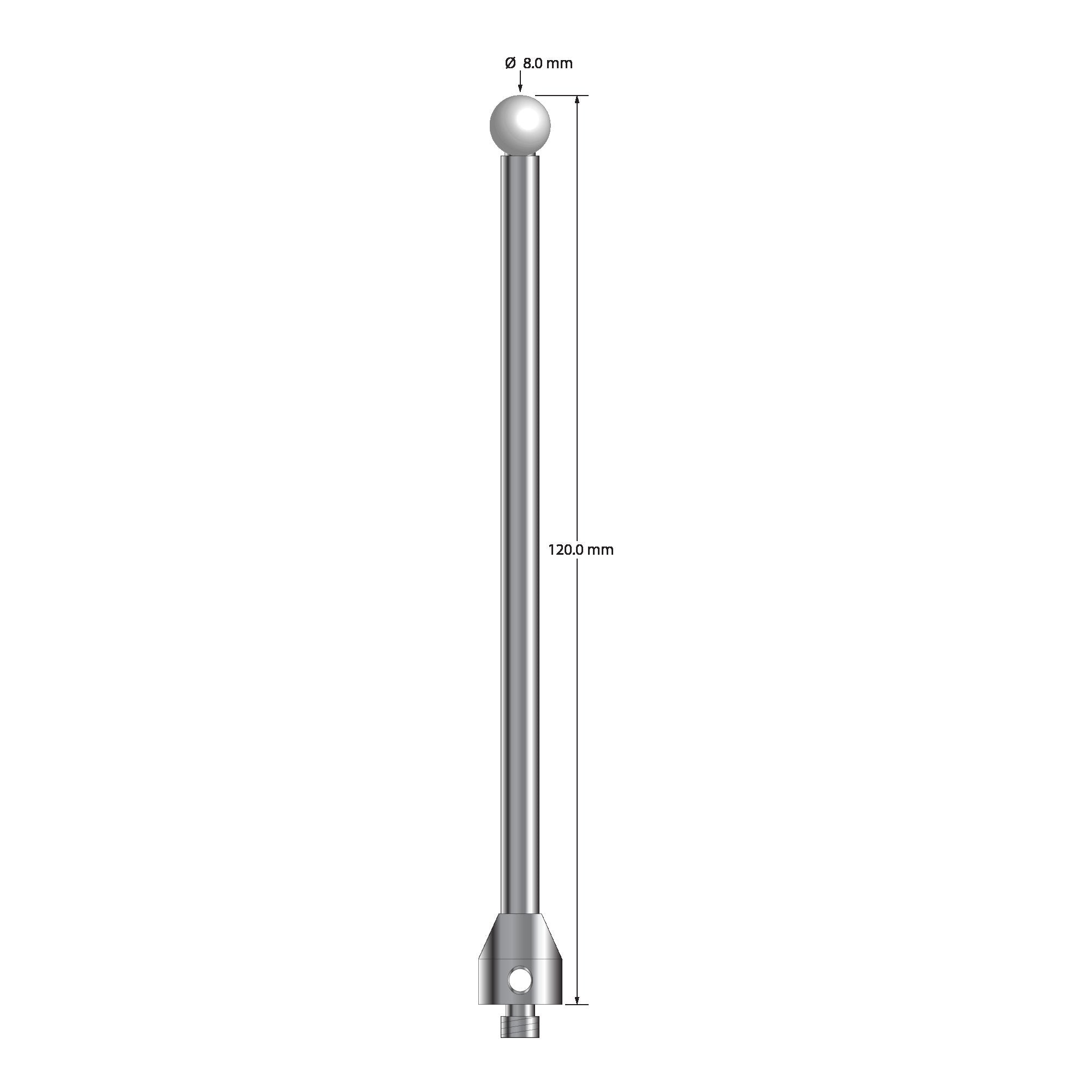 ATG-80120-Z M5 stylus with 8.0mm zirconia ball, carbide stem, and stainless steel base, 120mm long by Q-Mark Manufacturing, Inc.