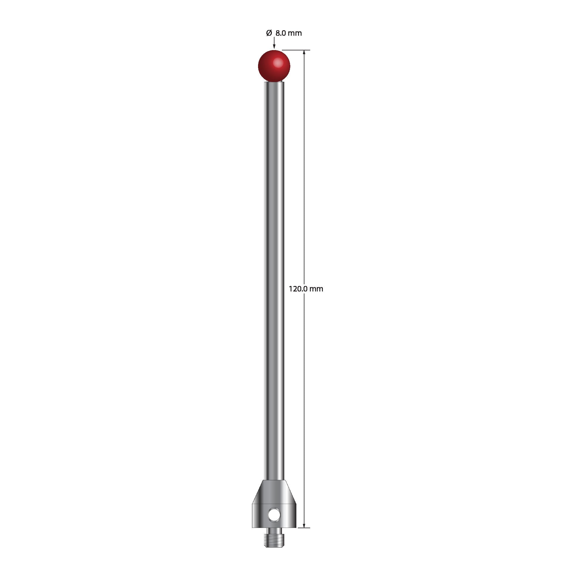 ATG-80120 M5 stylus with 8.0mm ruby ball, carbide stem, and stainless steel base, 120mm long by Q-Mark Manufacturing, Inc.