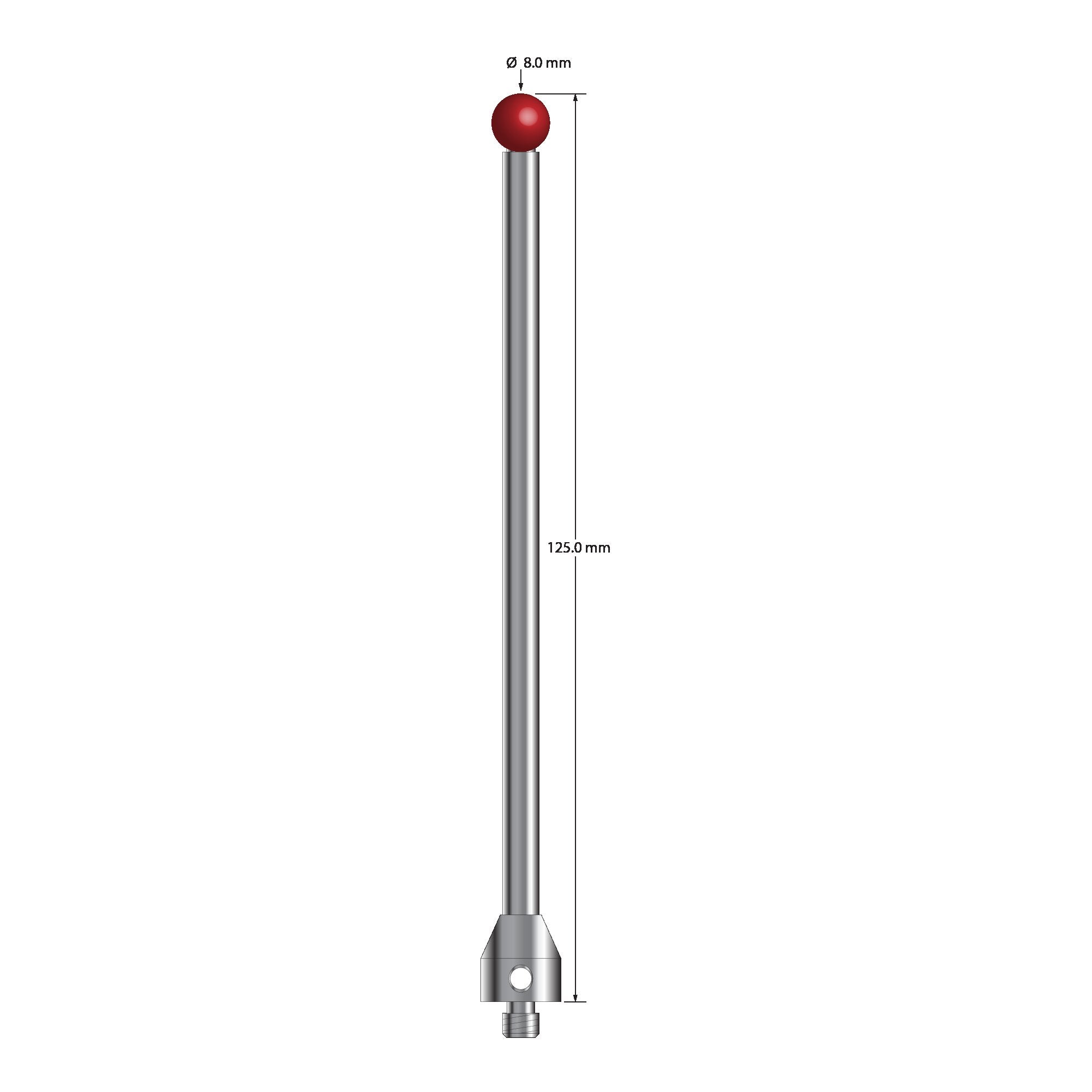 ATG-80125 M5 stylus with 8mm ruby ball, carbide stem, and stainless steel base, 125mm long by Q-Mark Manufacturing, Inc.